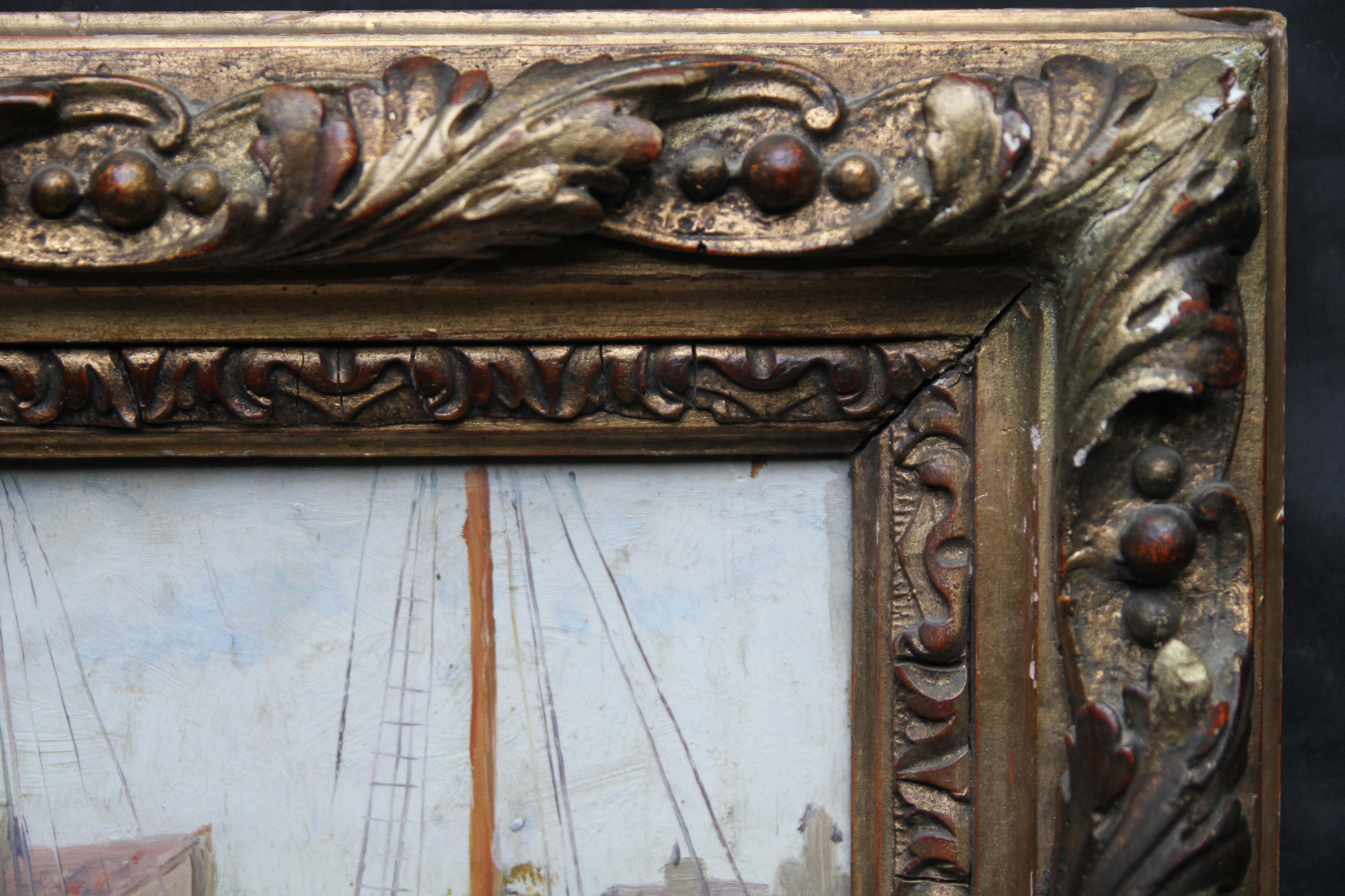 Escena portuaria Yakarta - Pintura al óleo de arte marino 1920 Indonesia Barcos Bugis en venta 4