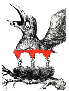 1967 Roland Topor 'Bird Nest' Contemporary Black & White,Red Lithograph