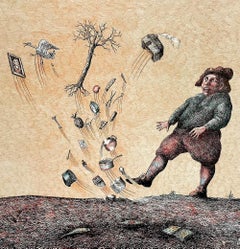 COUP DE VENT(Gust Of Wind) Signed Lithograph, Surreal Portrait, Black Humor