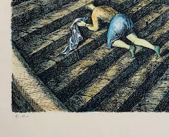 L'ESCALIER Signed Lithograph, Surrealist Portrait, Black Humor, Stairs