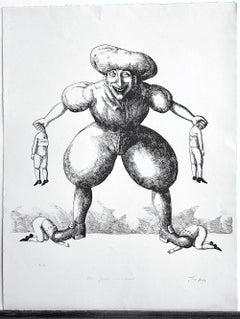 PANIQUE Litografia firmata, ritratto caricaturale surreale, umorismo nero