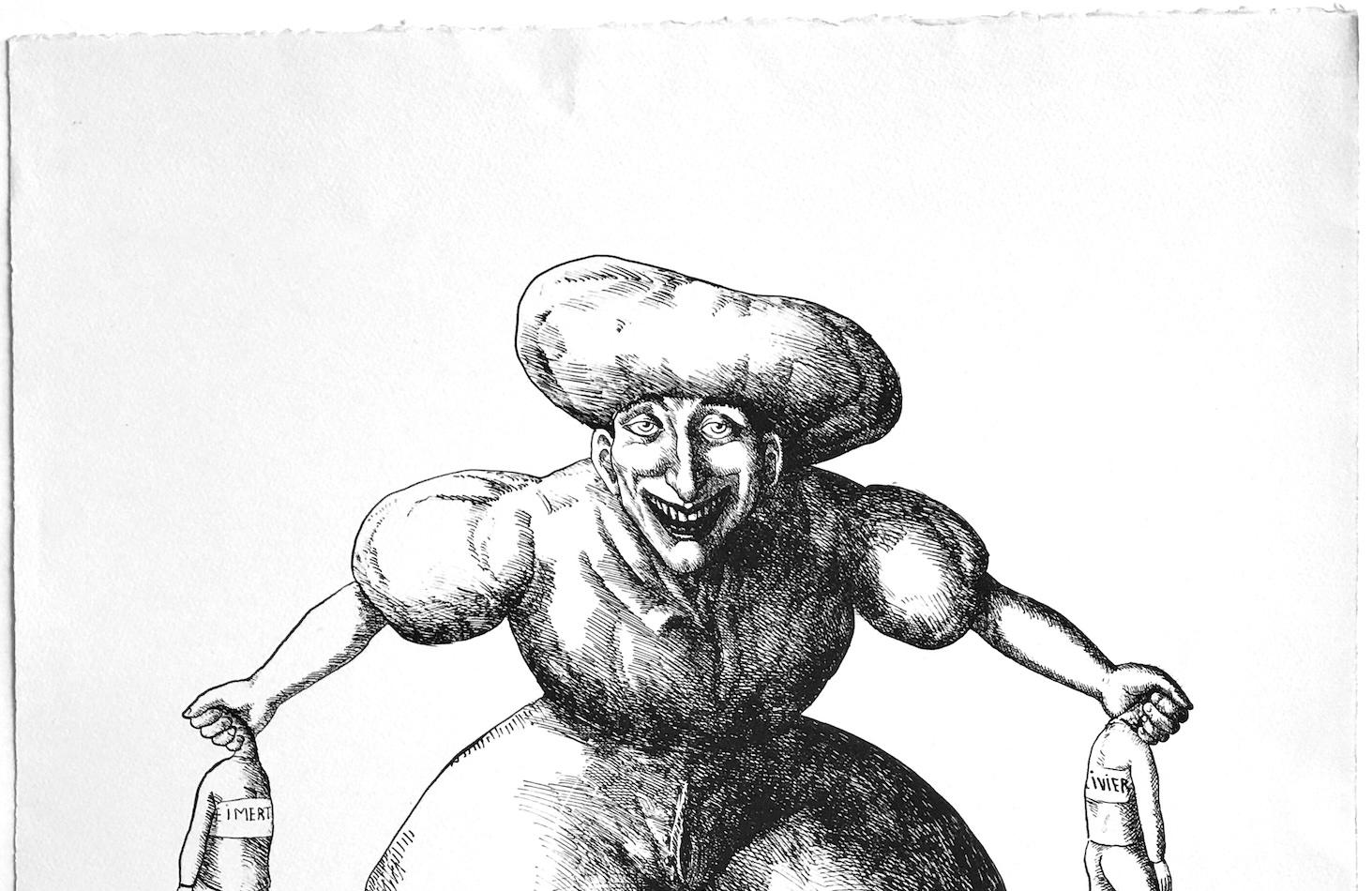PANIQUE Litografía Firmada, Retrato Caricatura Surrealista, Humor Negro en venta 3