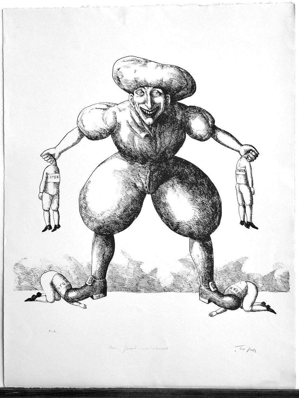 PANIQUE Litografía Firmada, Retrato Caricatura Surrealista, Humor Negro en venta 5