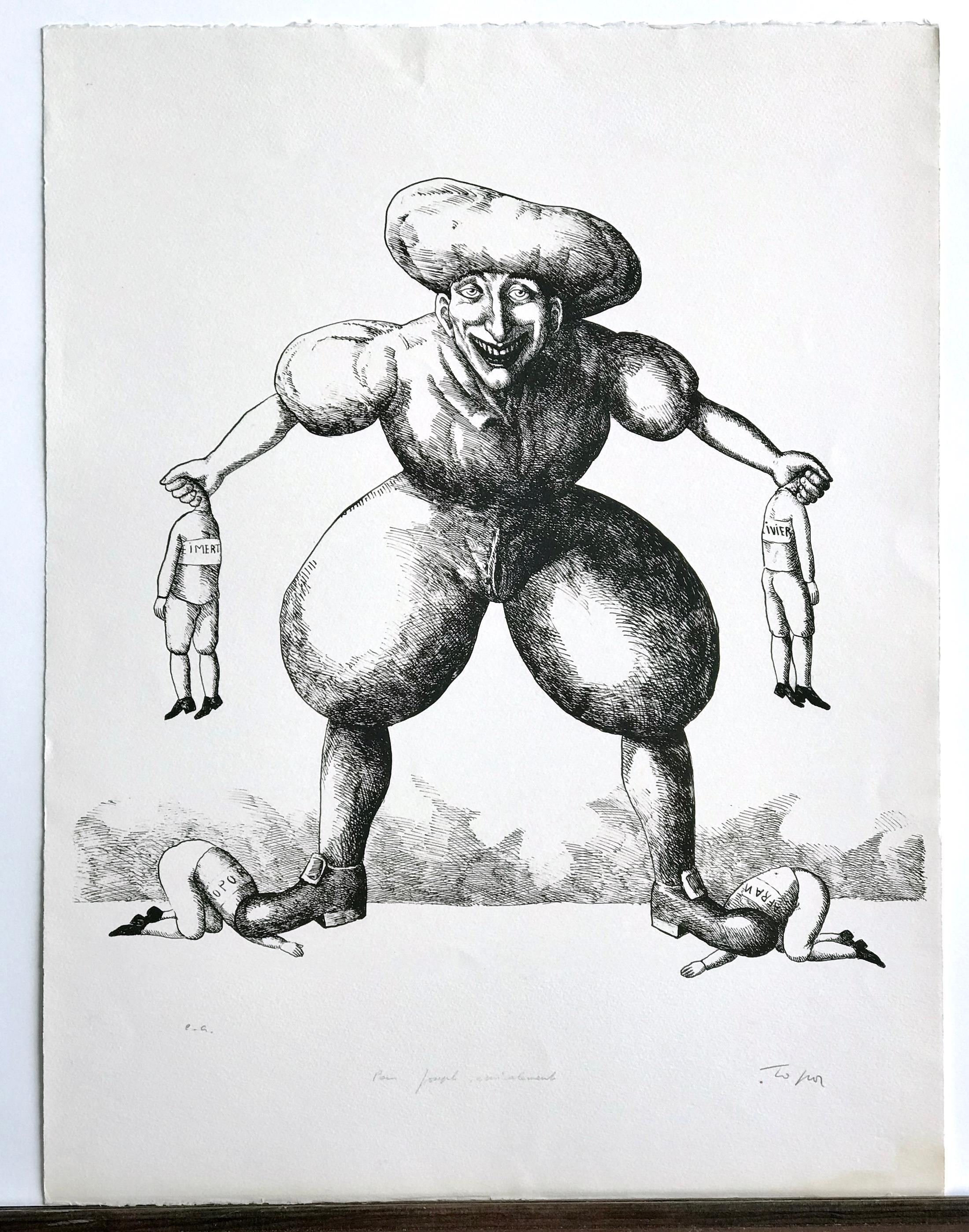 PANIQUE Signed Lithograph, Surreal Caricature Portrait, Black Humor For Sale 1