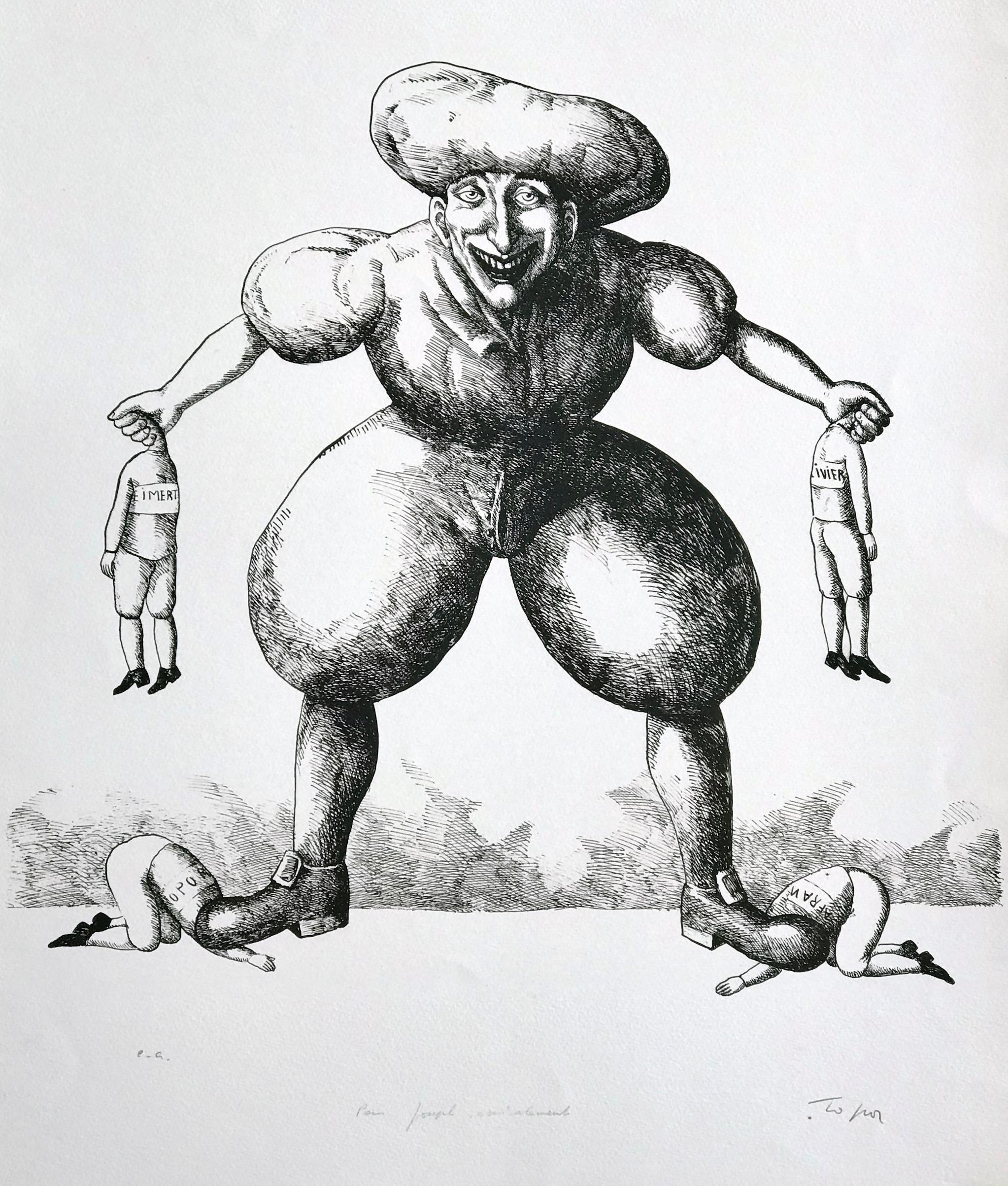 Roland Topor Figurative Print - PANIQUE Signed Lithograph, Surreal Caricature Portrait, Black Humor