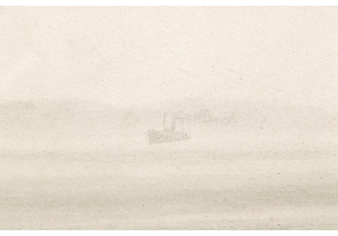 Watercolor depicting a hazy coastal scene with grey vessels to the left and a white structure to the far right. Set against a cloudy grey sky.
Presented in a distressed wooden frame, glazed.
Signed lower right.
Dimensions:
Sight: 29 3/4