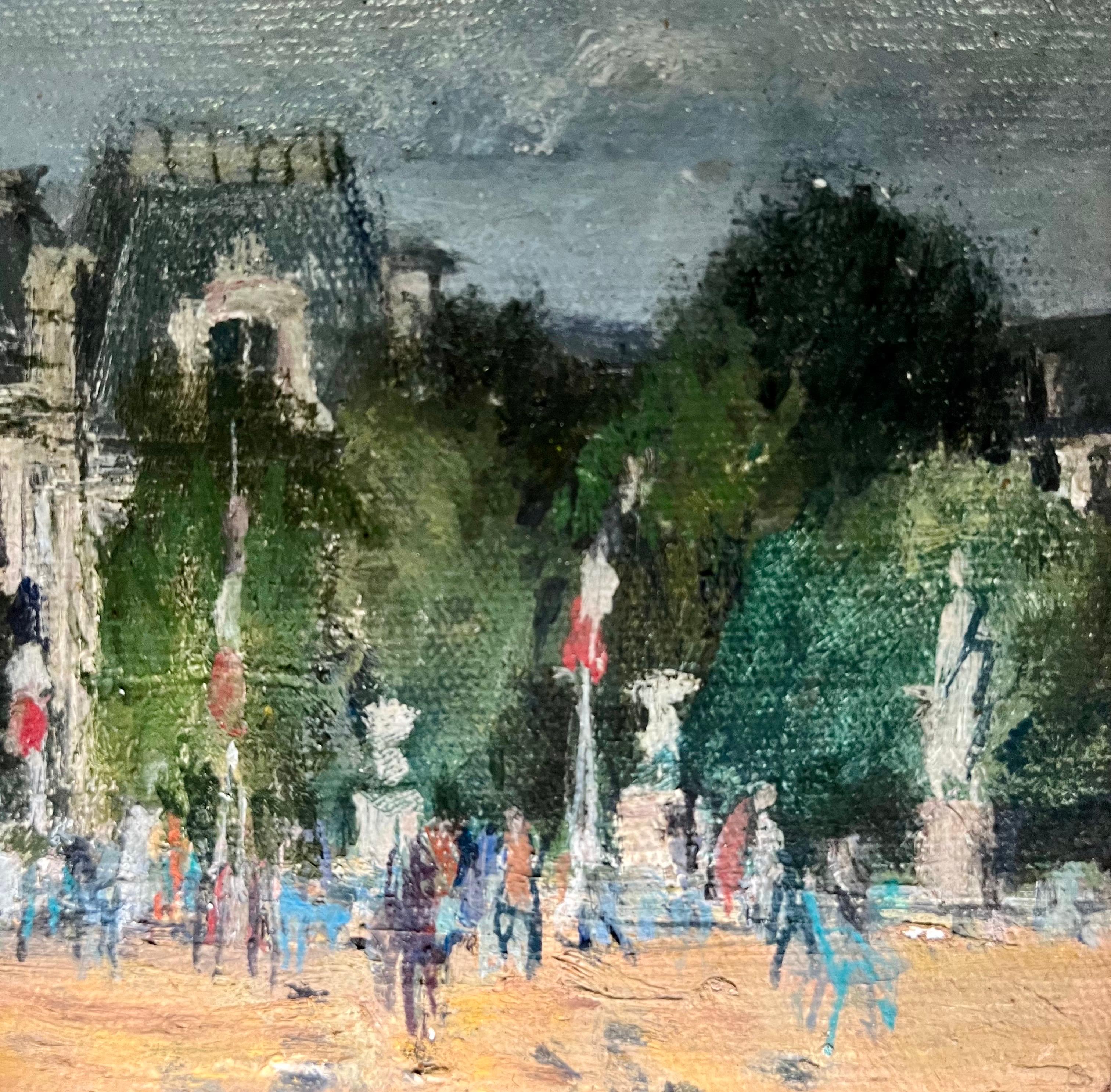 Il giardino delle Tuileries di Roland Weber - Olio su tela 16x24cm in vendita 3