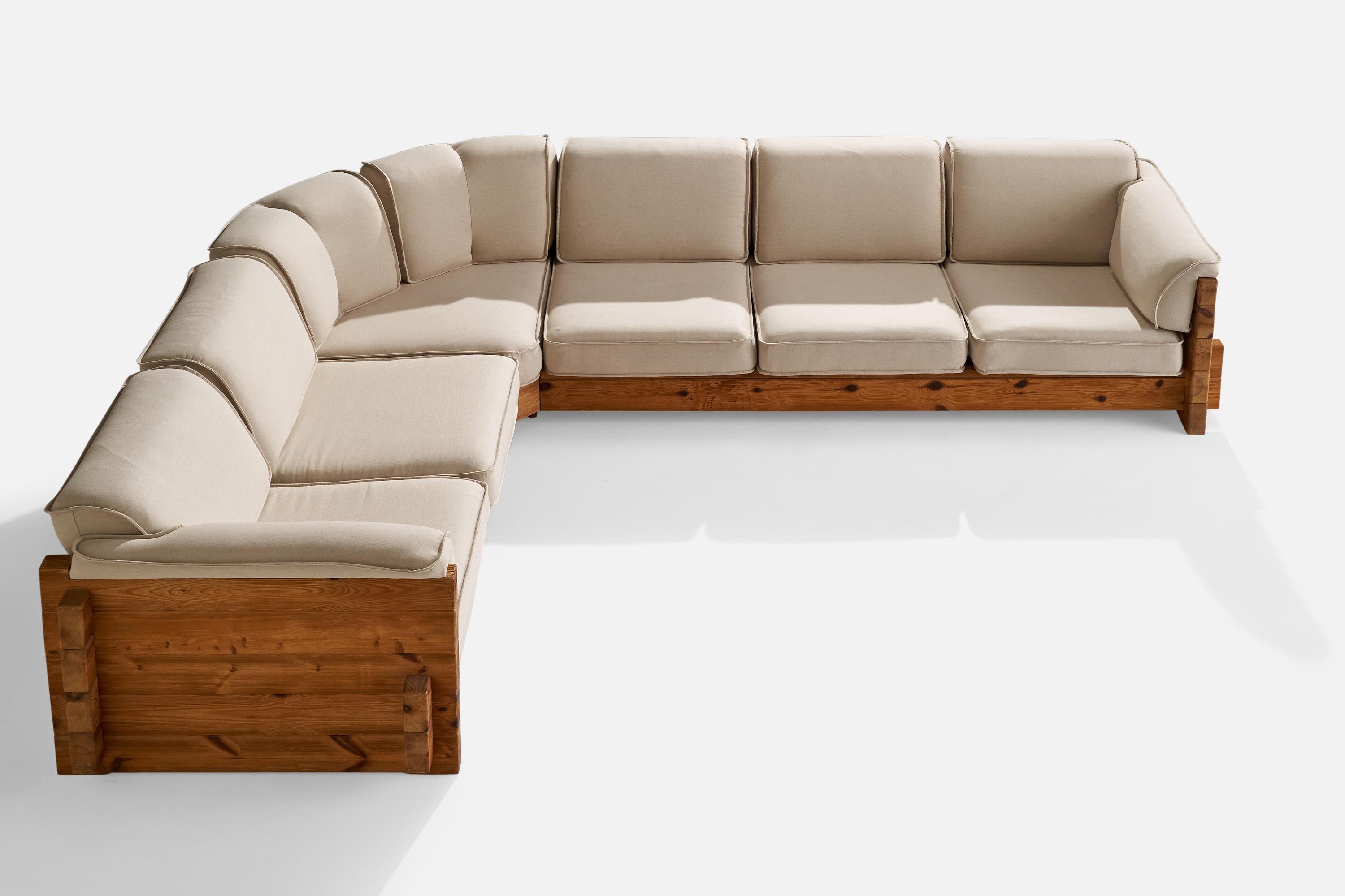 Swedish Roland Wilhelmsson Attribution, Sectional Sofa, Pine, Fabric, Sweden, 1970s For Sale
