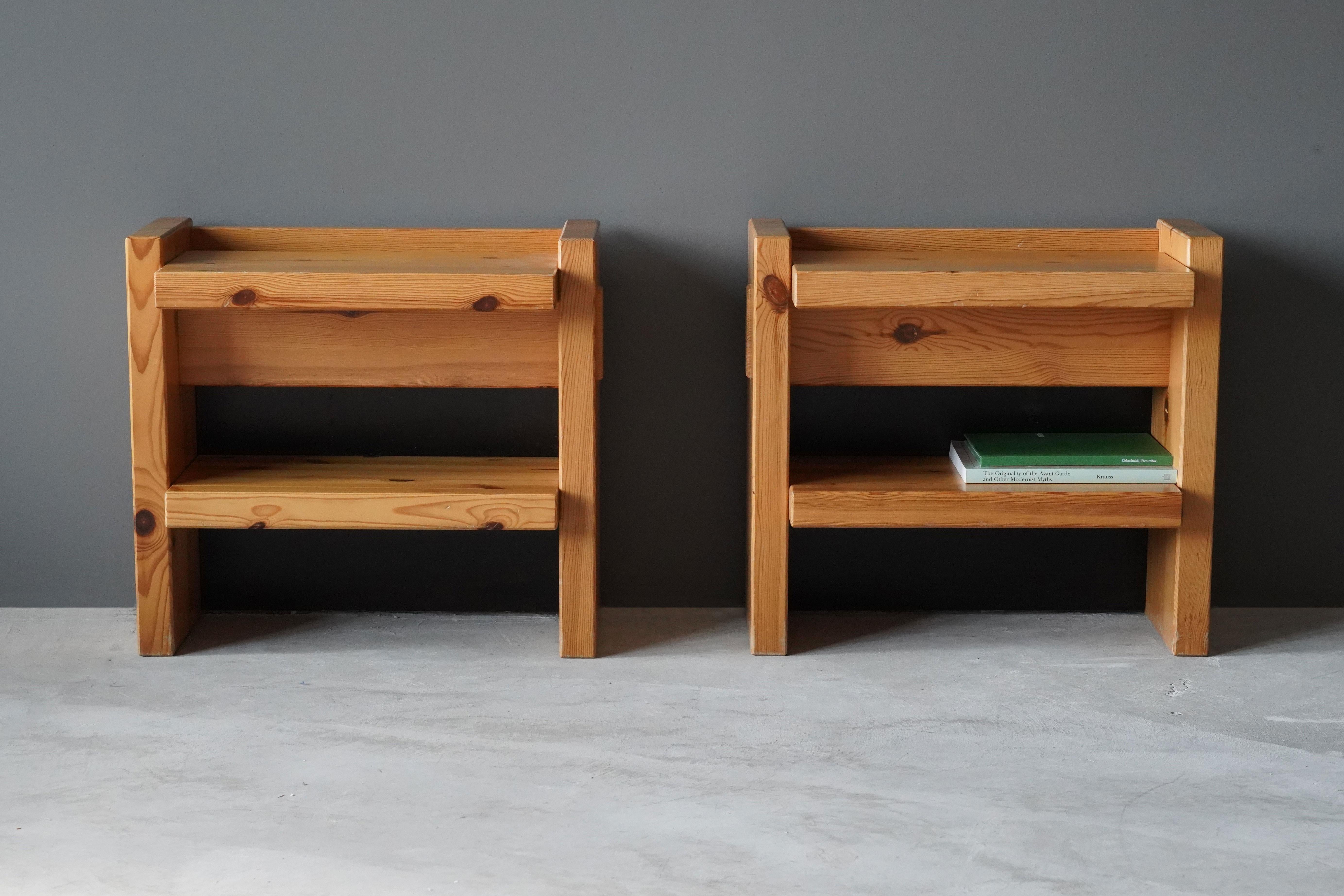 A pair of modern Minimalist nightstands / bedside tables / bedside cabinets. Design and production attributed to Roland Wilhelmsson, Studio. 

Other designers working in similar Minimalist style include Charlotte Perriand, Axel Einar Hjorth, and