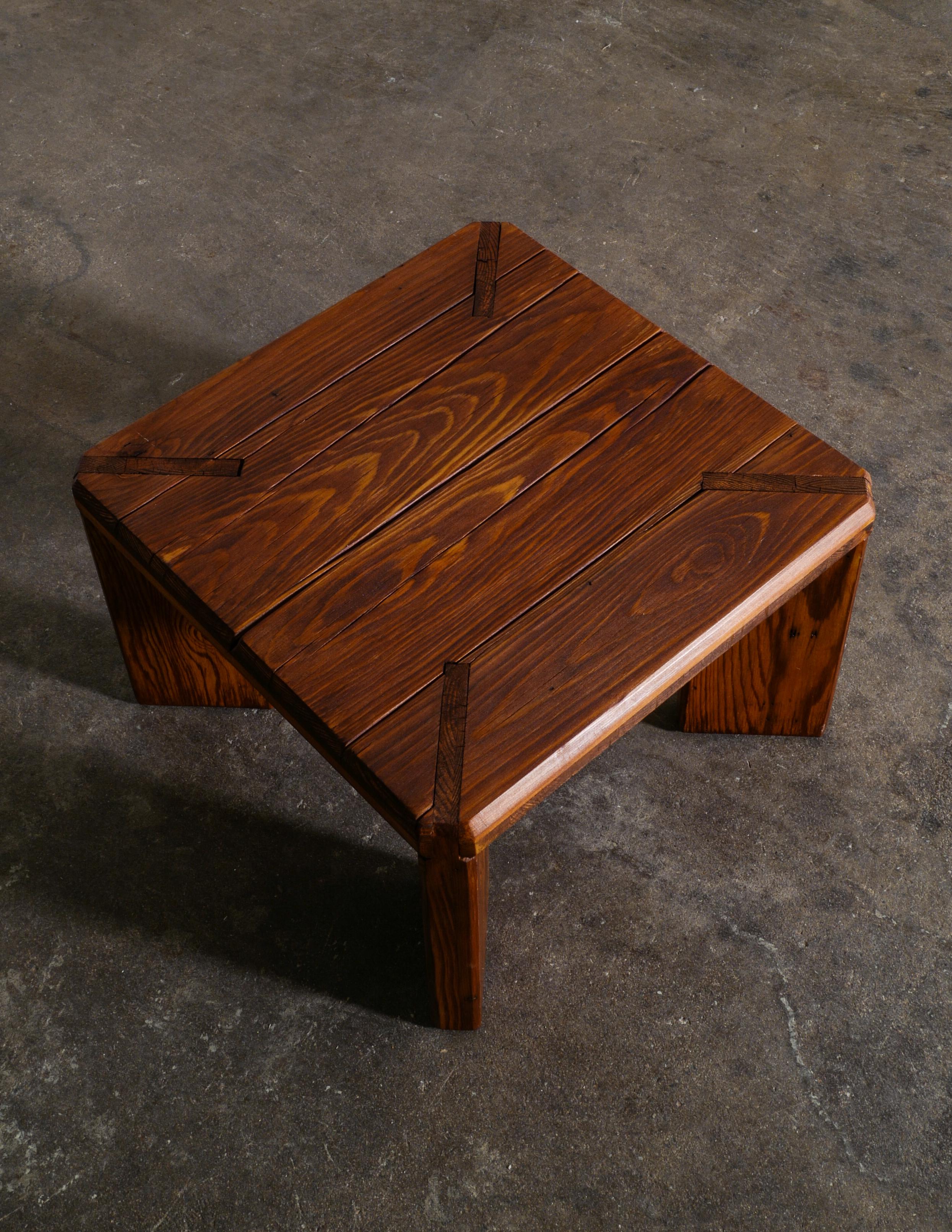 Stained Roland Wilhelmsson Stool Side Table in Pine Produced in Sweden, 1960s