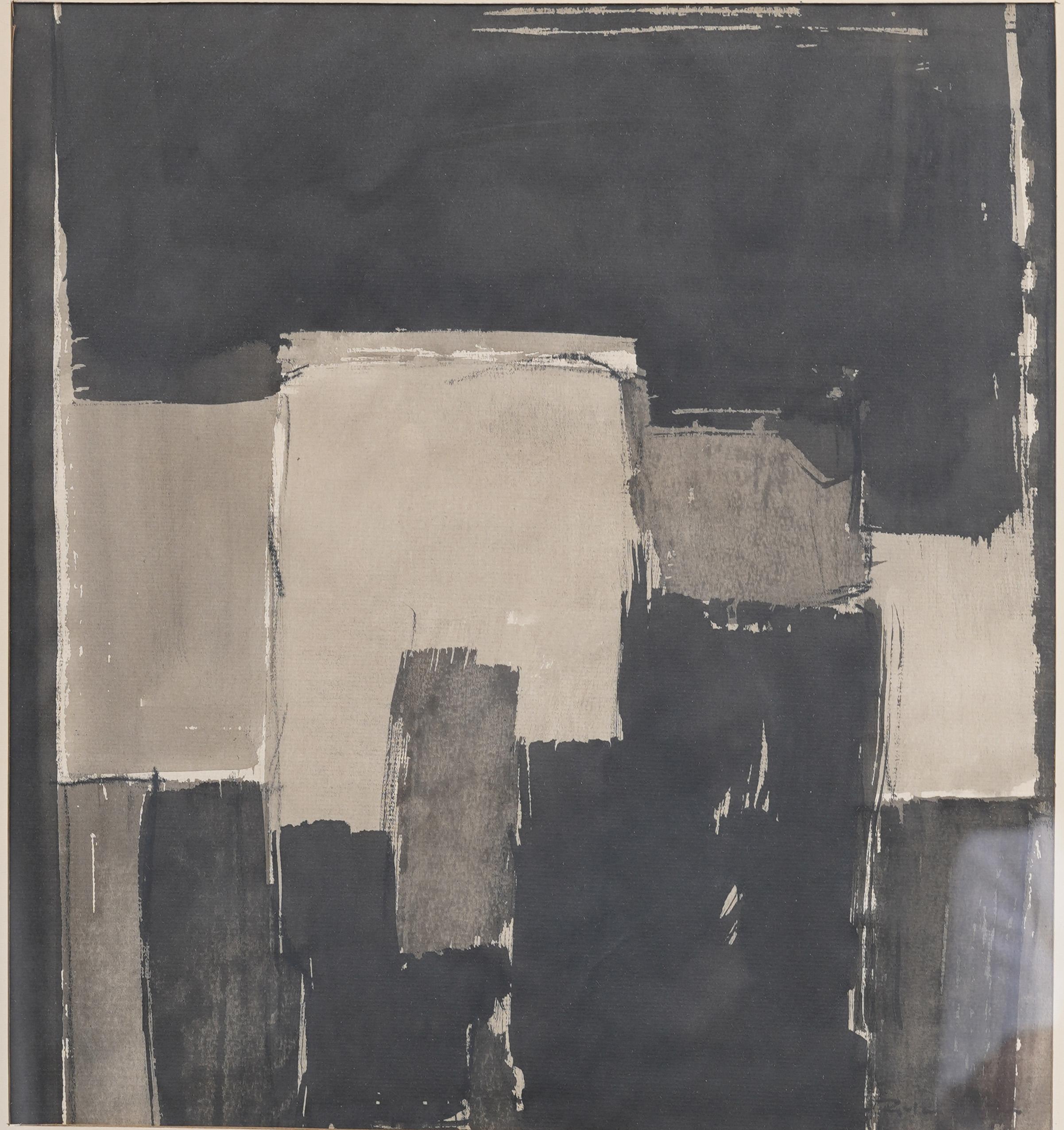Impressive early American modernist abstract ink painting.  Framed.  Ink on paper.  Signed verso .  Image size, 16H by 14L.