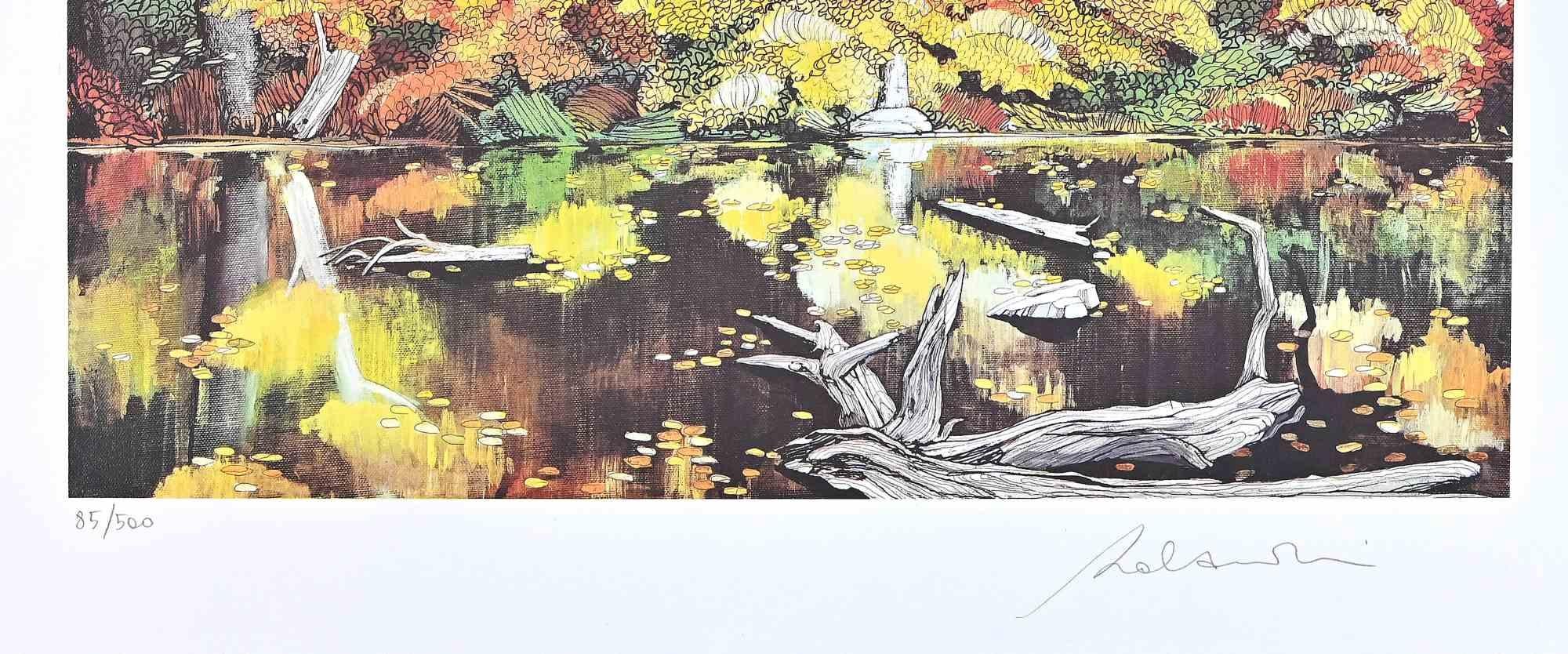 Beside The Lake - Screen Print by Rolandi - 1980s - Brown Landscape Print by Rolandi (Maurizio Coccia)