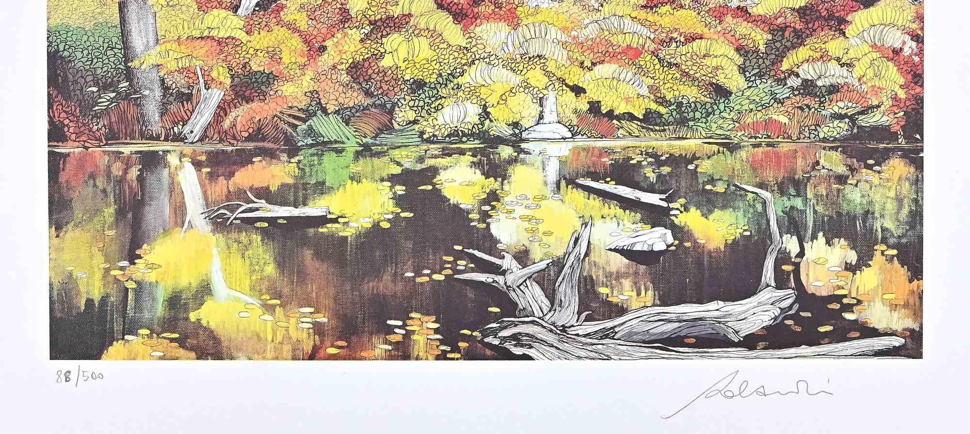 Beside The Lake - Screen Print by Rolandi - 1980s - Beige Figurative Print by Rolandi (Maurizio Coccia)