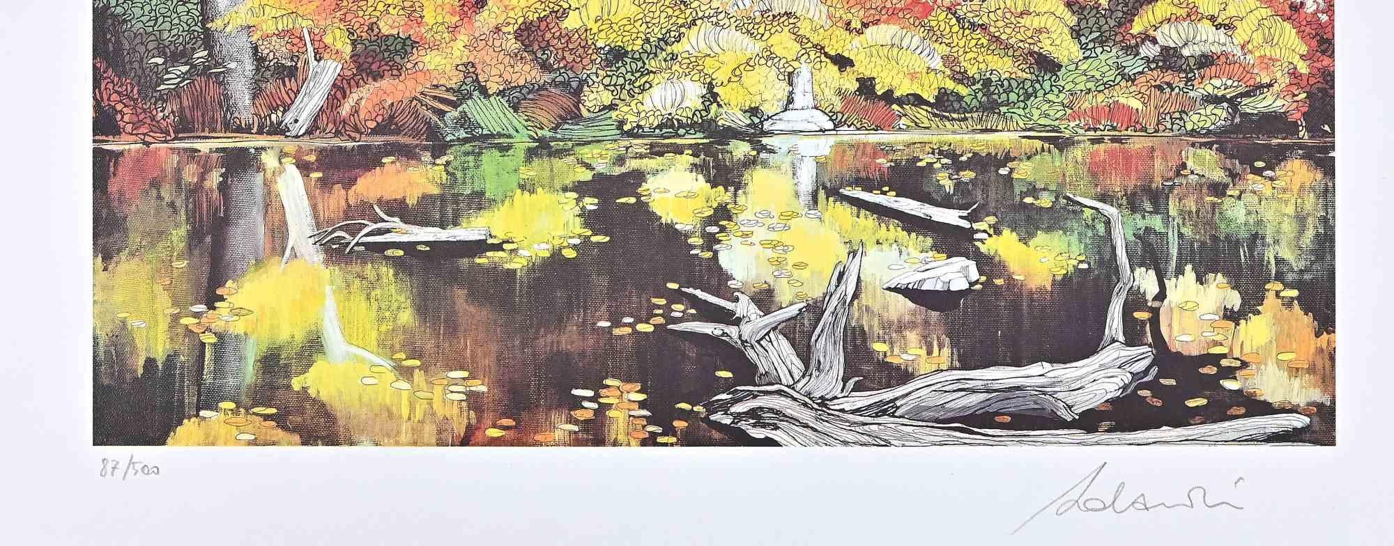 Beside The Lake - Screen Print by Rolandi - 1980s - Beige Figurative Print by Rolandi (Maurizio Coccia)