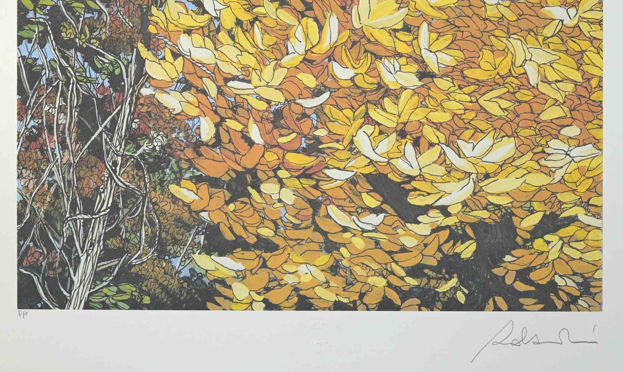 Landscapes of Autumn - Screen Print by Rolandi - 1980s - Beige Figurative Print par Rolandi (Maurizio Coccia)