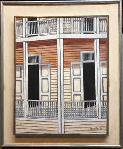 Peinture à l'huile latino-américaine guatémaltèque : scène moderniste sur un porche