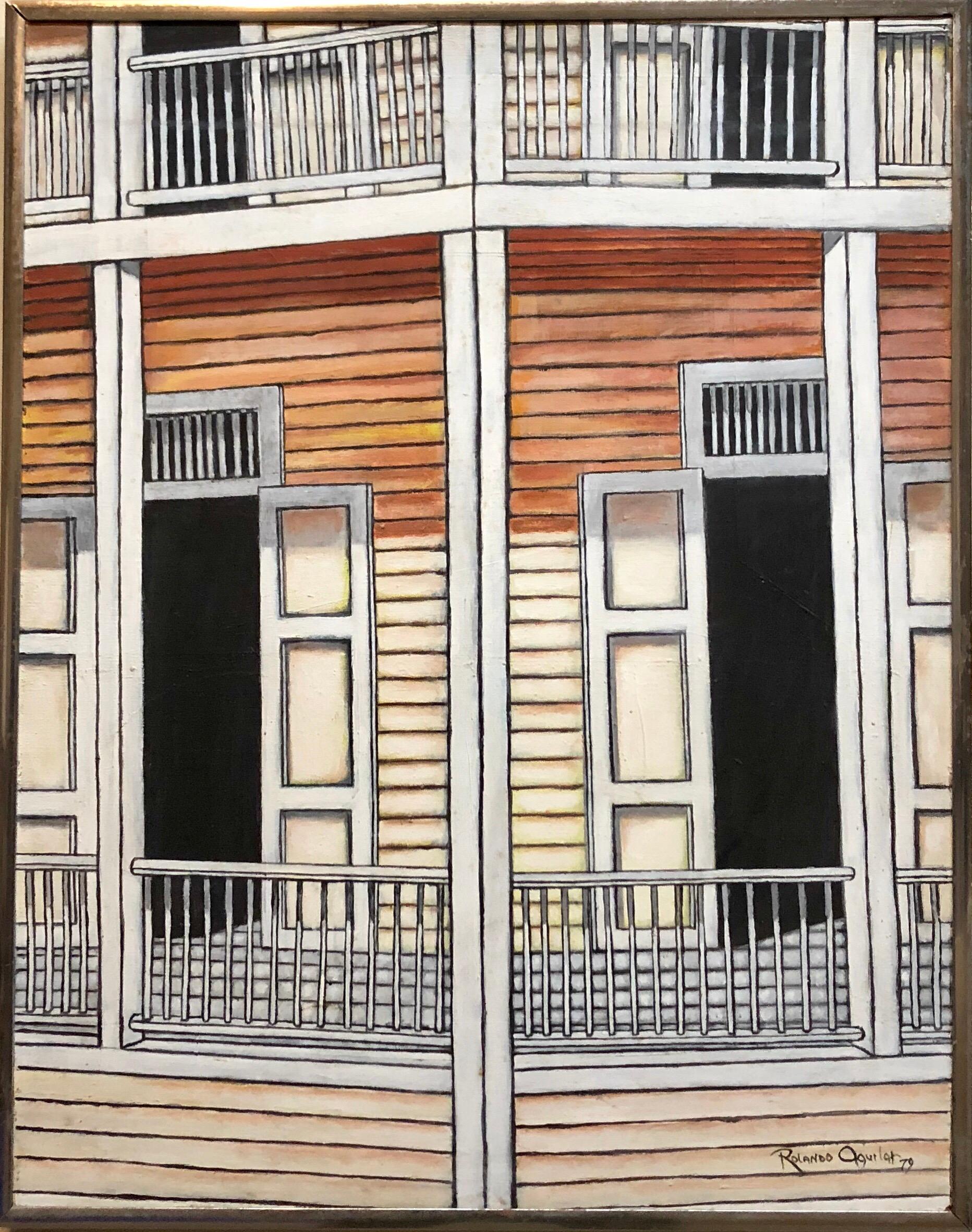 Figurative Painting de Rolando Aguilar - Pintura al óleo latinoamericana guatemalteca Escena de porche modernista
