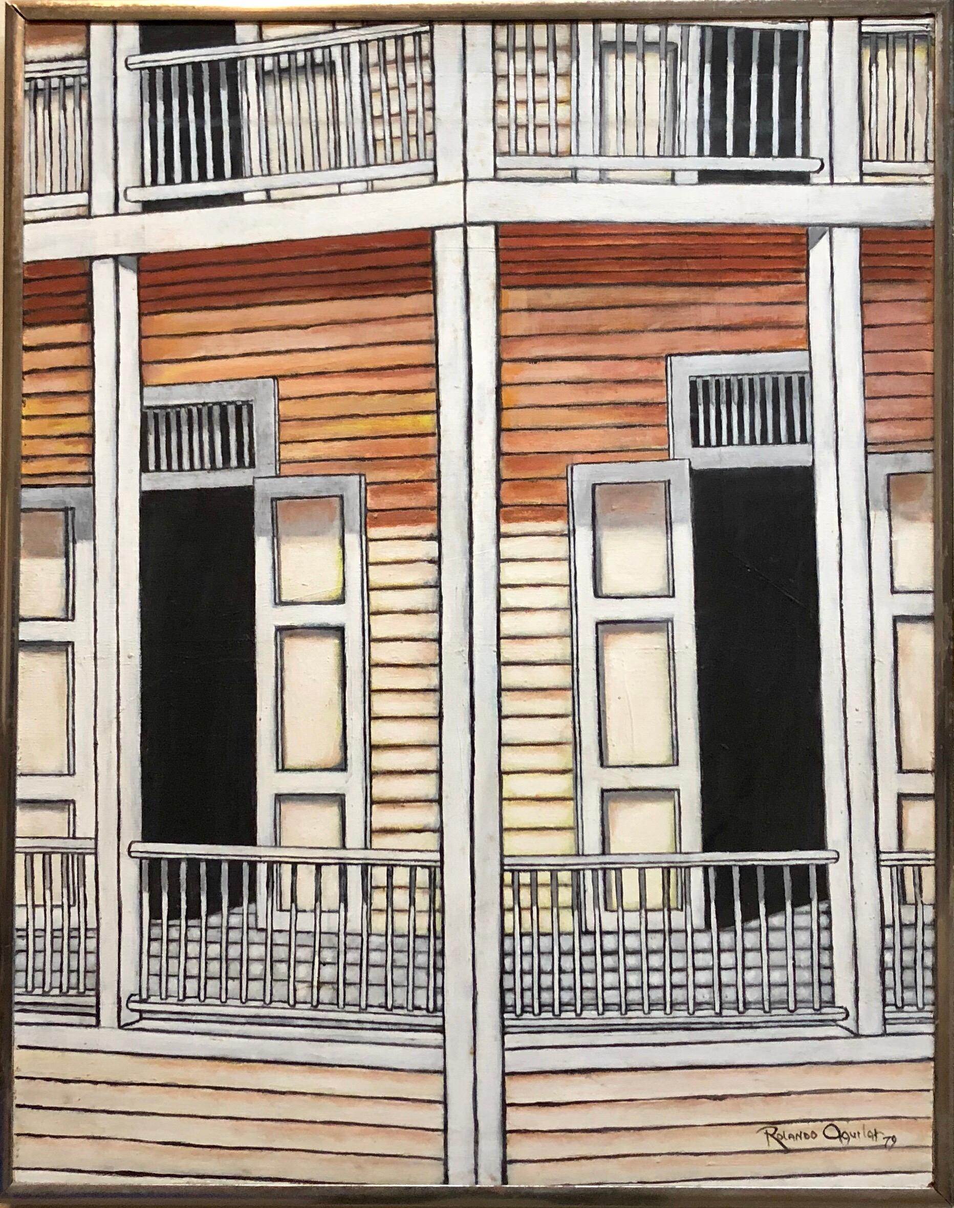 Guatemalan Latin American Oil Painting Modernist Porch Scene 