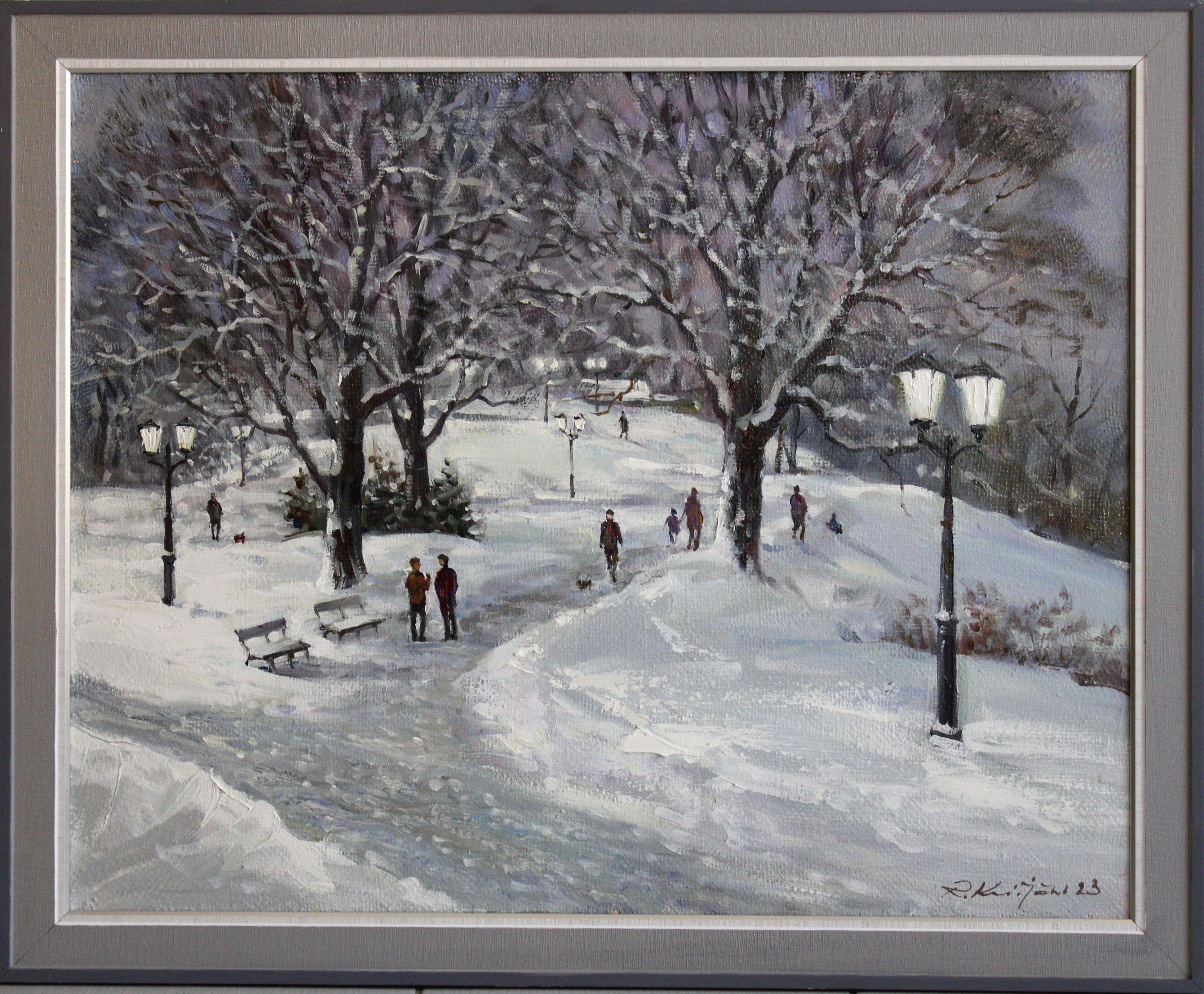 City park at winter. 2023., canvas, oil, 60x74.5 cm - Painting by Rolands Krisjans