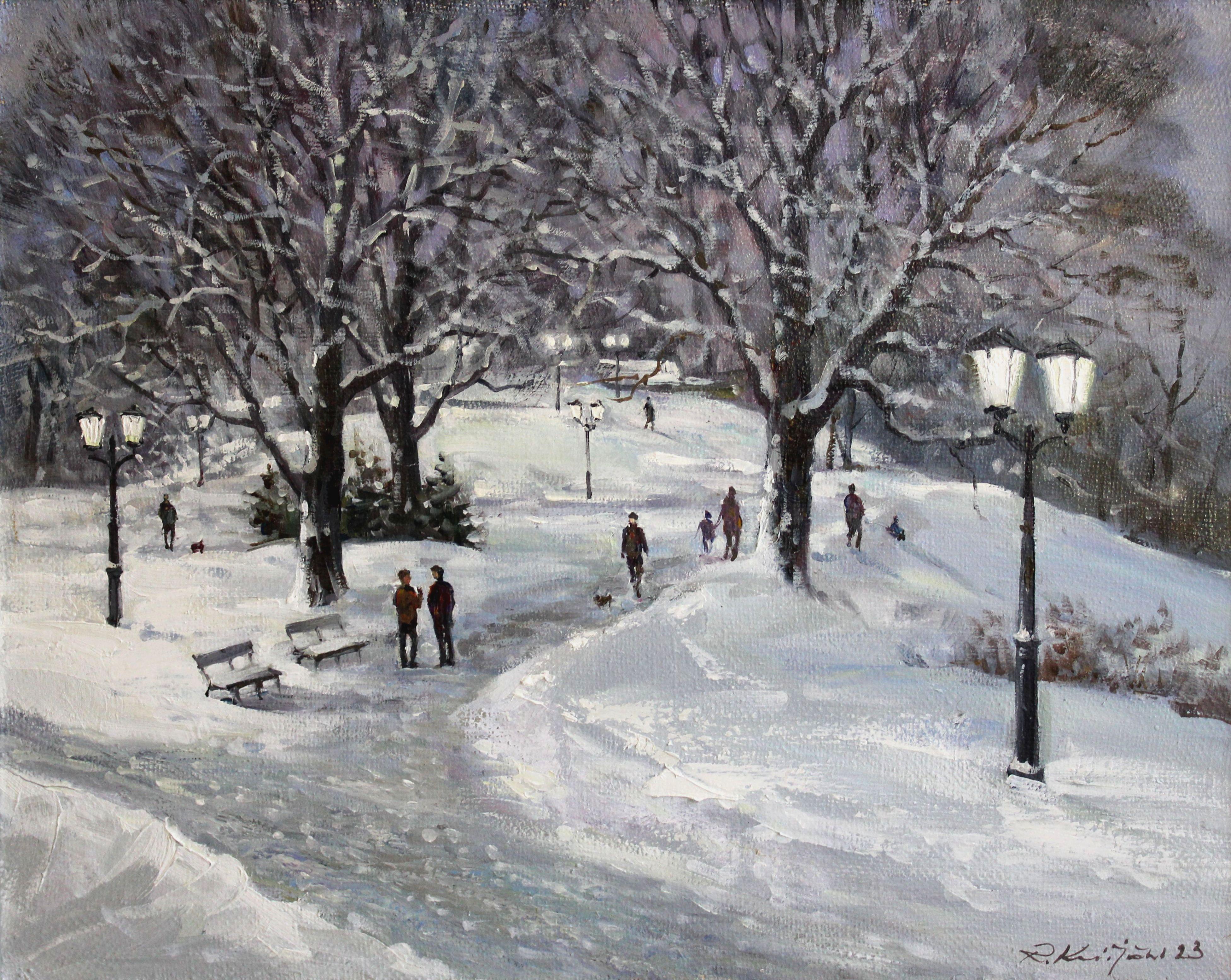 Rolands Krisjans Landscape Painting - City park at winter. 2023., canvas, oil, 60x74.5 cm