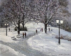 City park at winter. 2023., canvas, oil, 60x74.5 cm