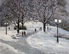 Parque urbano en invierno. 2023., lienzo, óleo, 60x74,5 cm