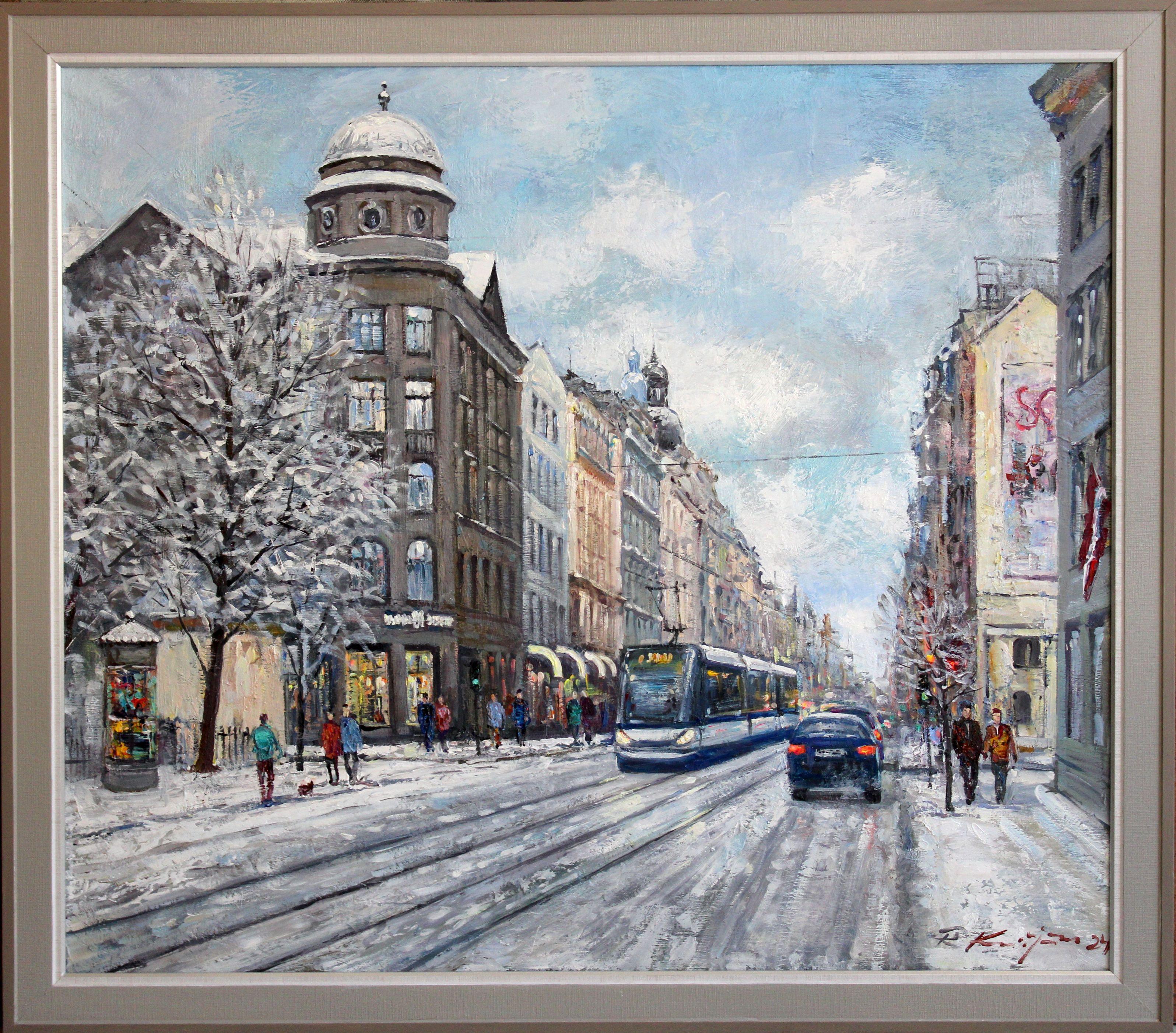 Winter in the city. Oil on canvas, 73.5x85 cm - Painting by Rolands Krisjans
