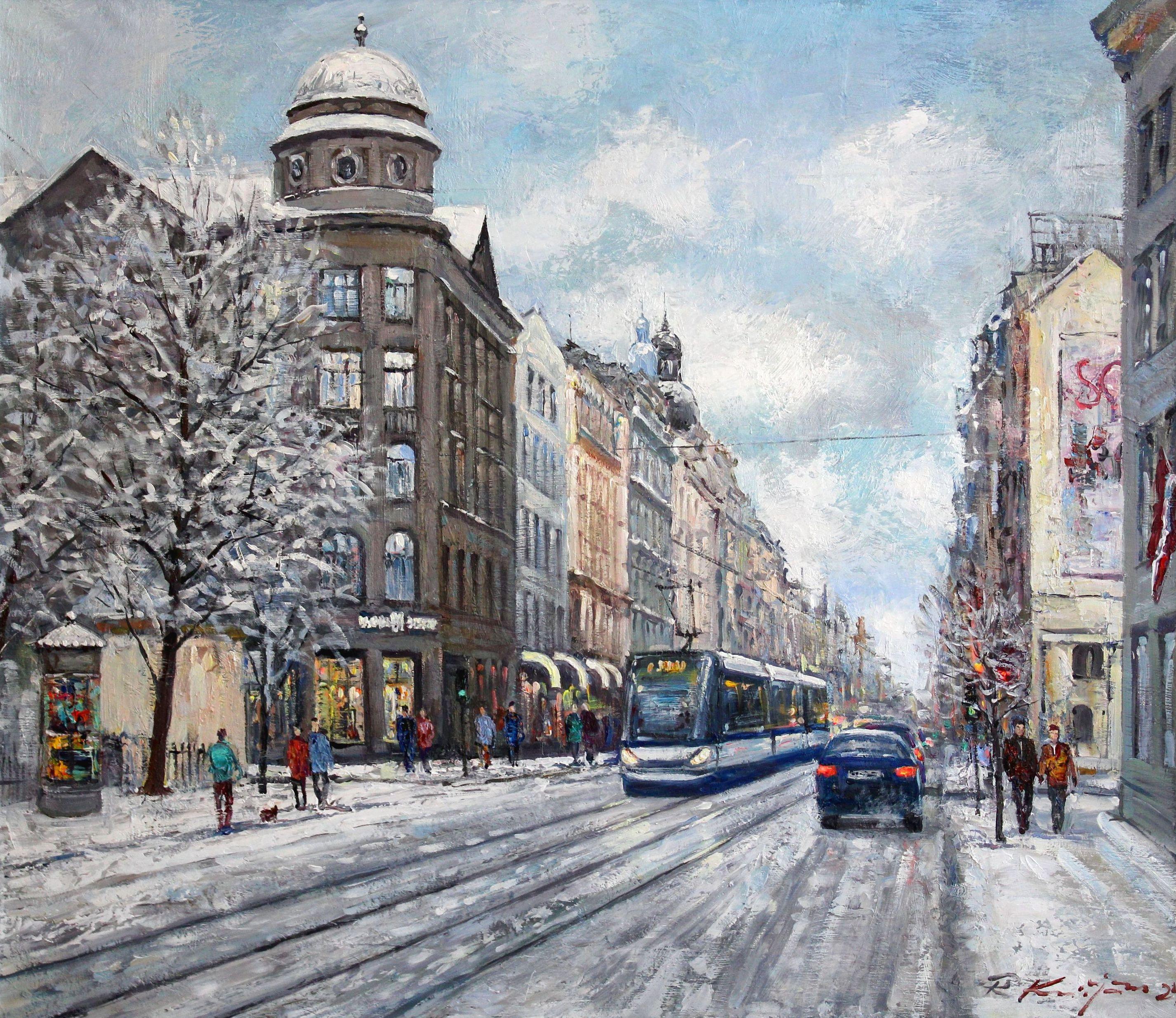 Rolands Krisjans Landscape Painting – Winter in der Stadt. Öl auf Leinwand, 73,5x85 cm, Öl