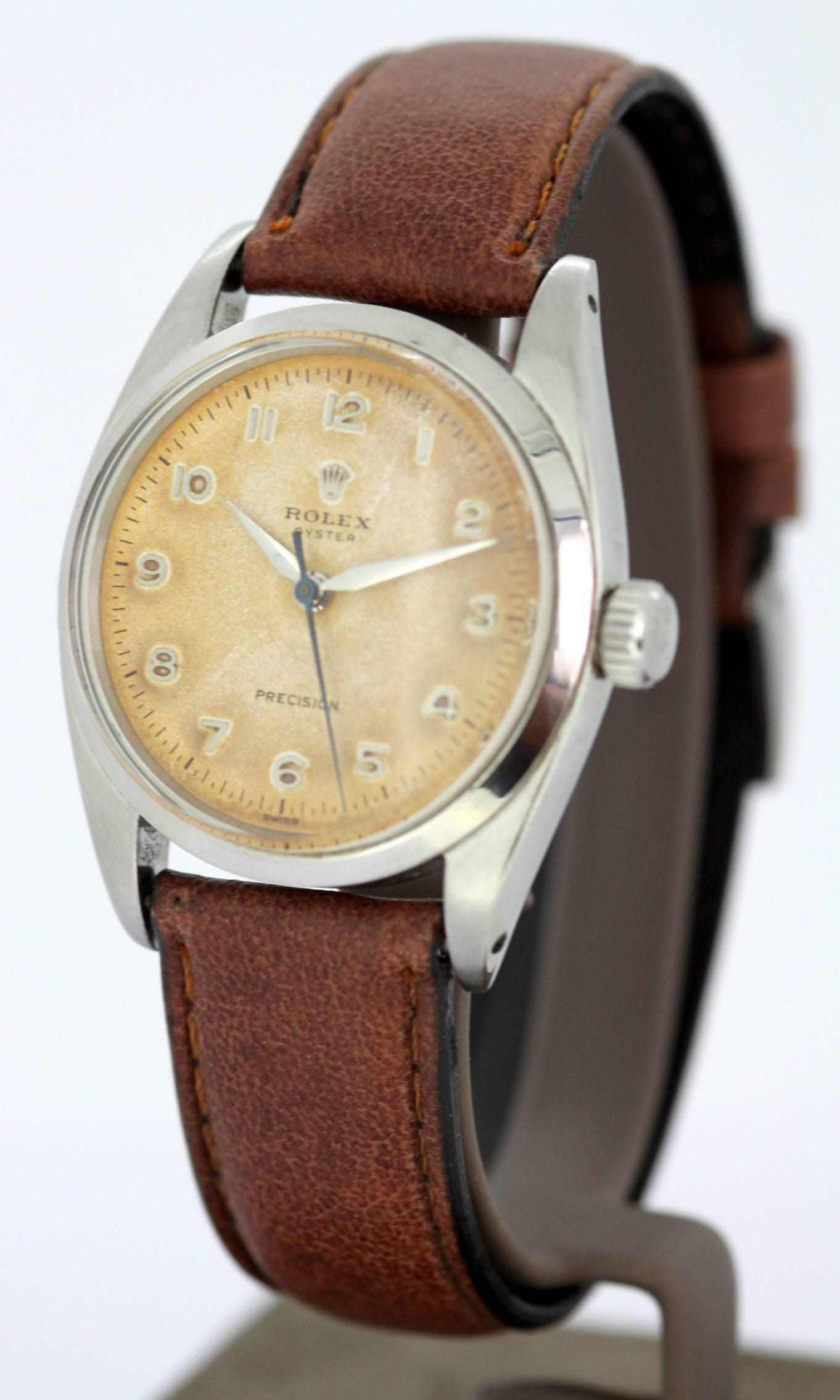 Rolex - Oyster Precision - Men - 1956 
Ref : 6422 
Serial : 201368 

Gender:	Mens 
Model : Oyster Precision 
Case Diameter : 33 mm 
Movement: Manual Winding 
Watchband Material: Leather 
Case material : Stainless Steel 
Display Type:	Analogue	
Age: