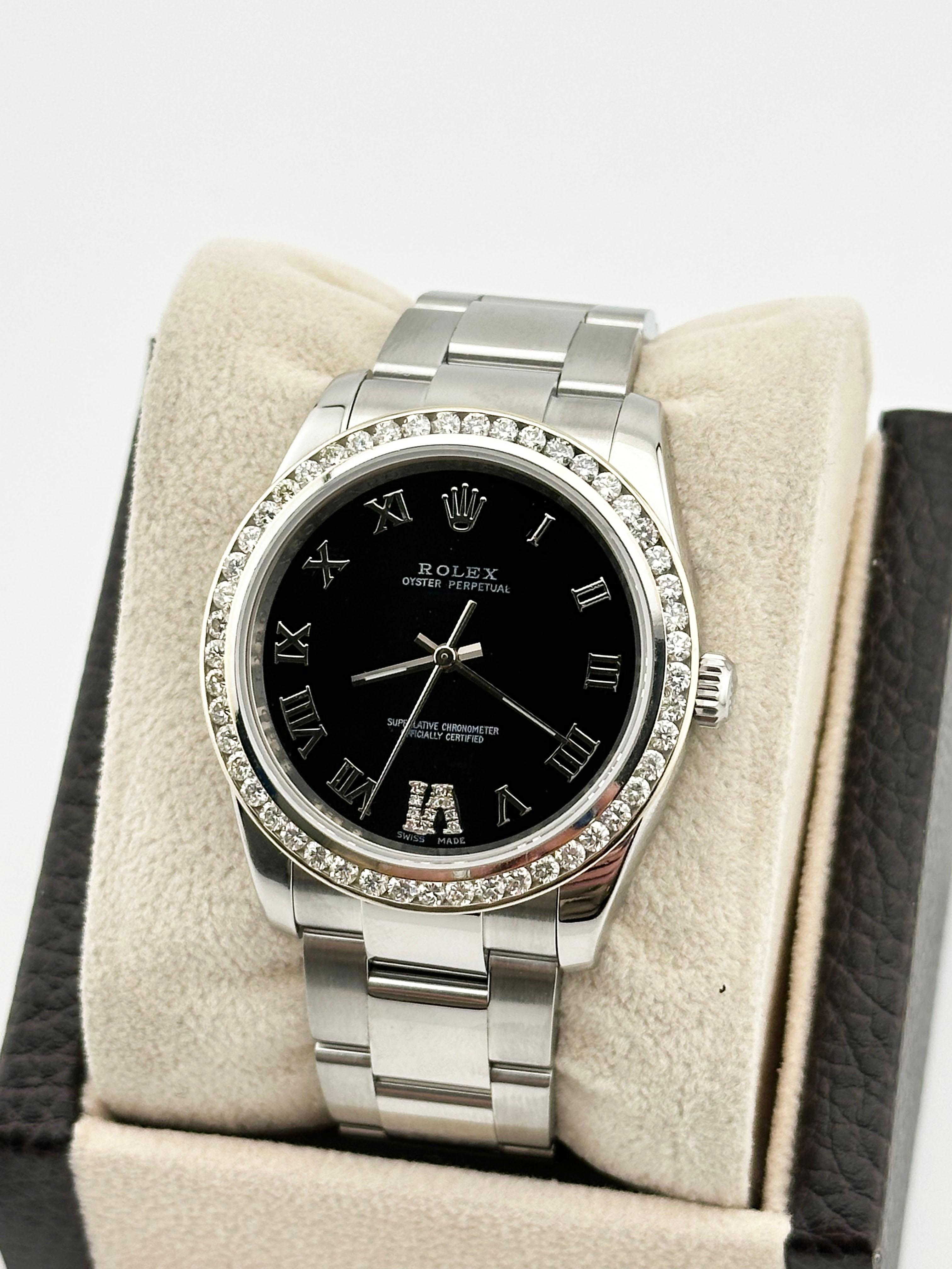 Rolex 114200 34mm Black Roman Dial Diamond Bezel Stainless Steel In Excellent Condition For Sale In San Diego, CA