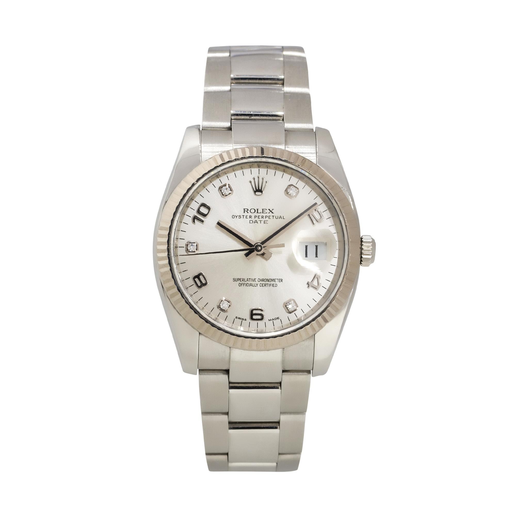 Brand: Rolex
MPN: 115234
Model: Datejust
Case Material: Stainless Steel
Case Diameter: 34mm
Bezel: 18k White gold fluted bezel
Dial: Factory silver dial with silver hands and Roman/Diamond hour markers. Date can be found at 3 o'clock
Bracelet: