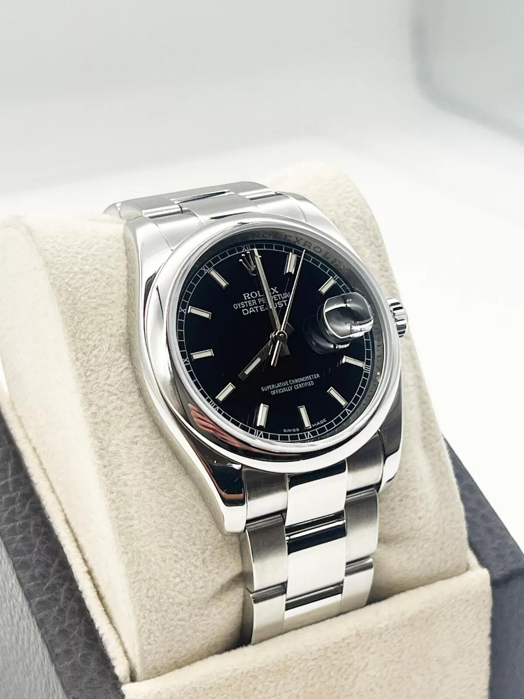 Style Number: 116200
Serial: M284***
Year: 2007
Model: Datejust
Case Material: Stainless Steel 
Band: Stainless Steel 
Bezel: Stainless Steel 
Dial: Black Dial 
Face: Sapphire Crystal 
Case Size: 36mm 

Includes: 

-Elegant Watch Box
-Certified