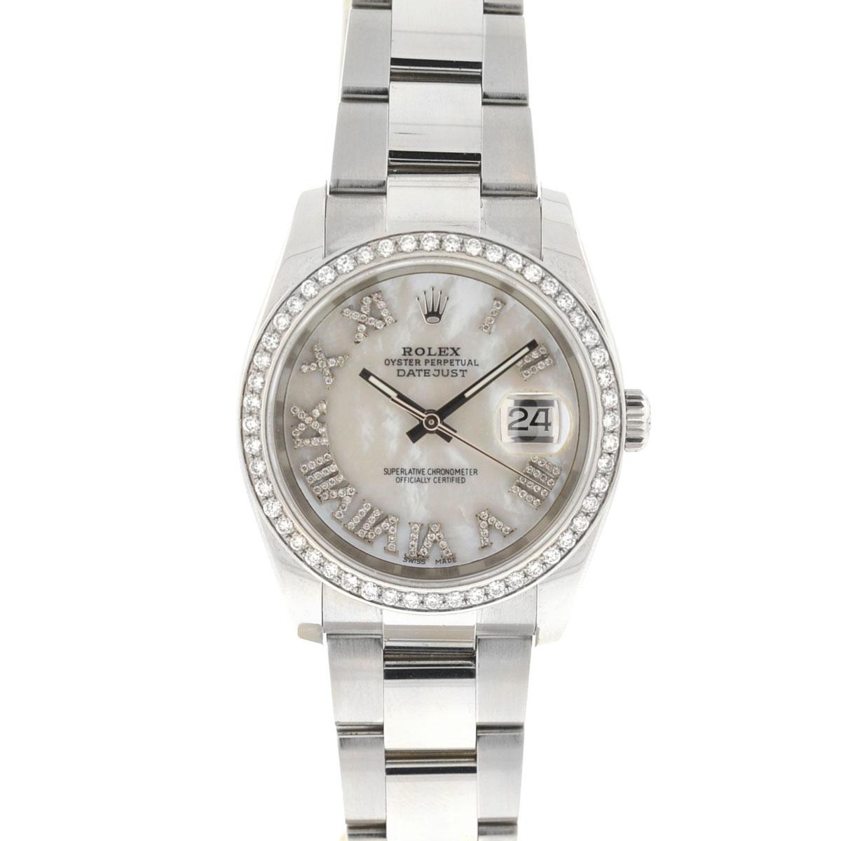 Company - Rolex
Style - Luxury Watch
Model - Datejust
Reference Number - 116200
Case Metal - Stainless Steel
Case Measurement - 36 mm
Bracelet - Stainless Steel
Dial - CUSTOM MOP DIAMOND DIAL
Bezel - CUSTOM DIAMOND BEZEL
Crystal - Scratch Resistant