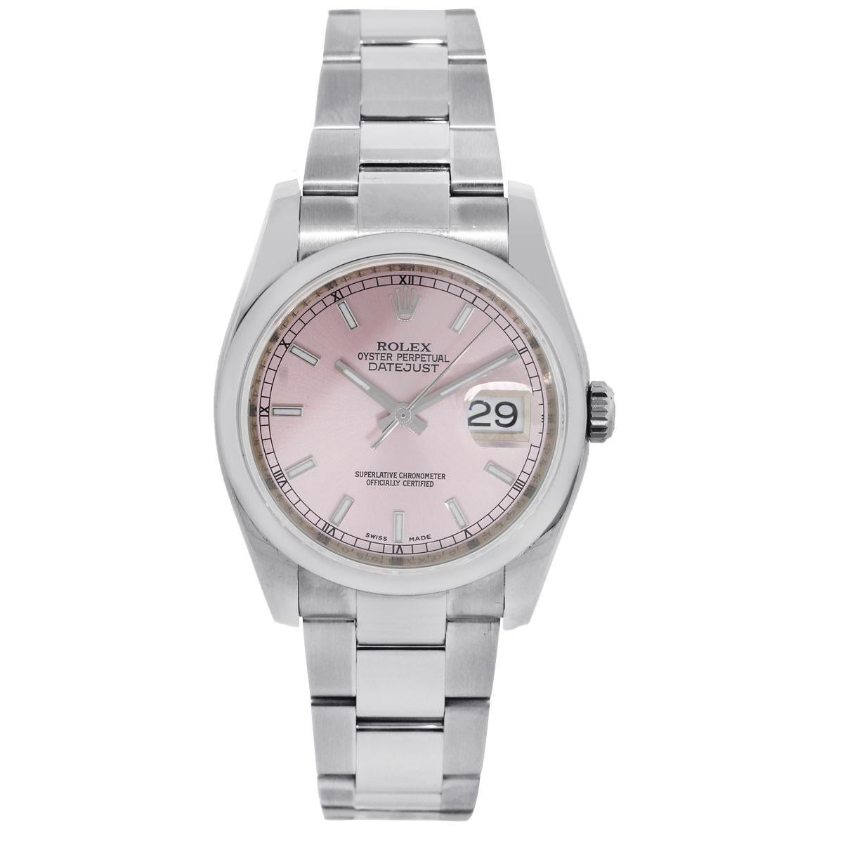 Brand: Rolex
MPN: 116200
Model: Datejust
Case Material: Stainless Steel
Case Diameter: 36mm
Bezel: Stainless Steel smooth bezel
Dial: Pink dial with silver hands and hour markers. Date window is displayed at the 3 o’clock position.
Bracelet:
