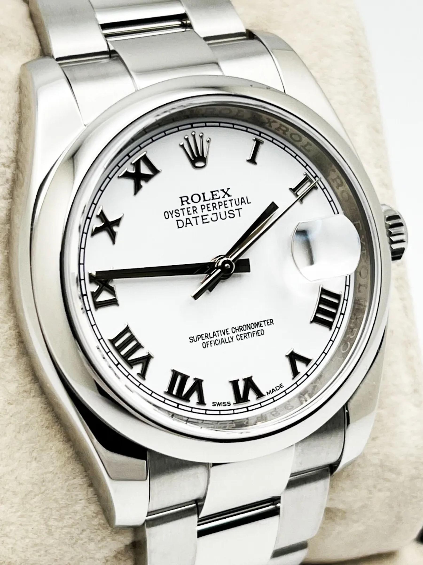 Stilnummer: 116200

Seriennummer: F9852****

Jahr: 2017

Modell: Datejust

MATERIAL des Gehäuses: Rostfreier Stahl

Band: Rostfreier Stahl

Lünette: Edelstahl

Zifferblatt: Weiße römische Ziffern

Gesicht: Saphirglas

Gehäusegröße: 36mm

Enthält: