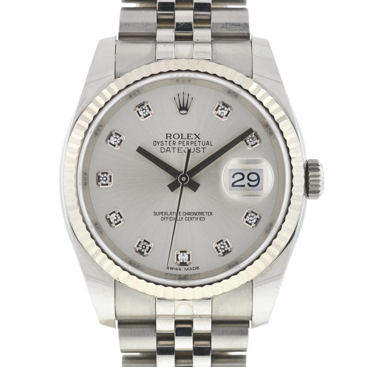 Entreprise-Rolex
Modèle-116234 Montre Datejust 36mm Silver Diamond Dial 
Métal de l'étui - Acier inoxydable
Dimensions du boîtier - 36 mm
Bracelet - Acier inoxydable 
Taille - Convient à un poignet de 7 pouces 
Cadran-Factory Silver Diamond Dial