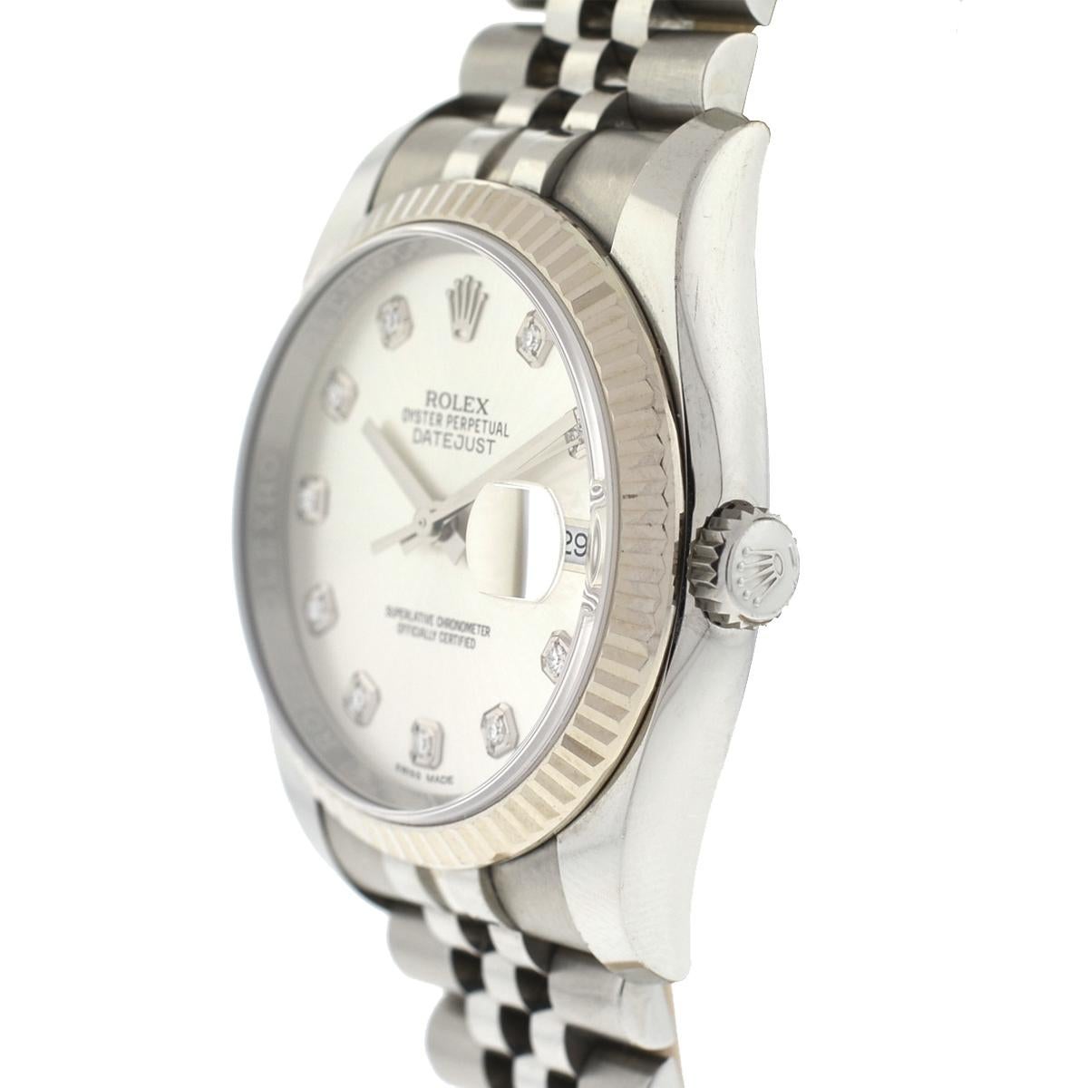  Montre Rolex 1162234 Datejust en acier inoxydable, cadran argenté à diamants Unisexe 