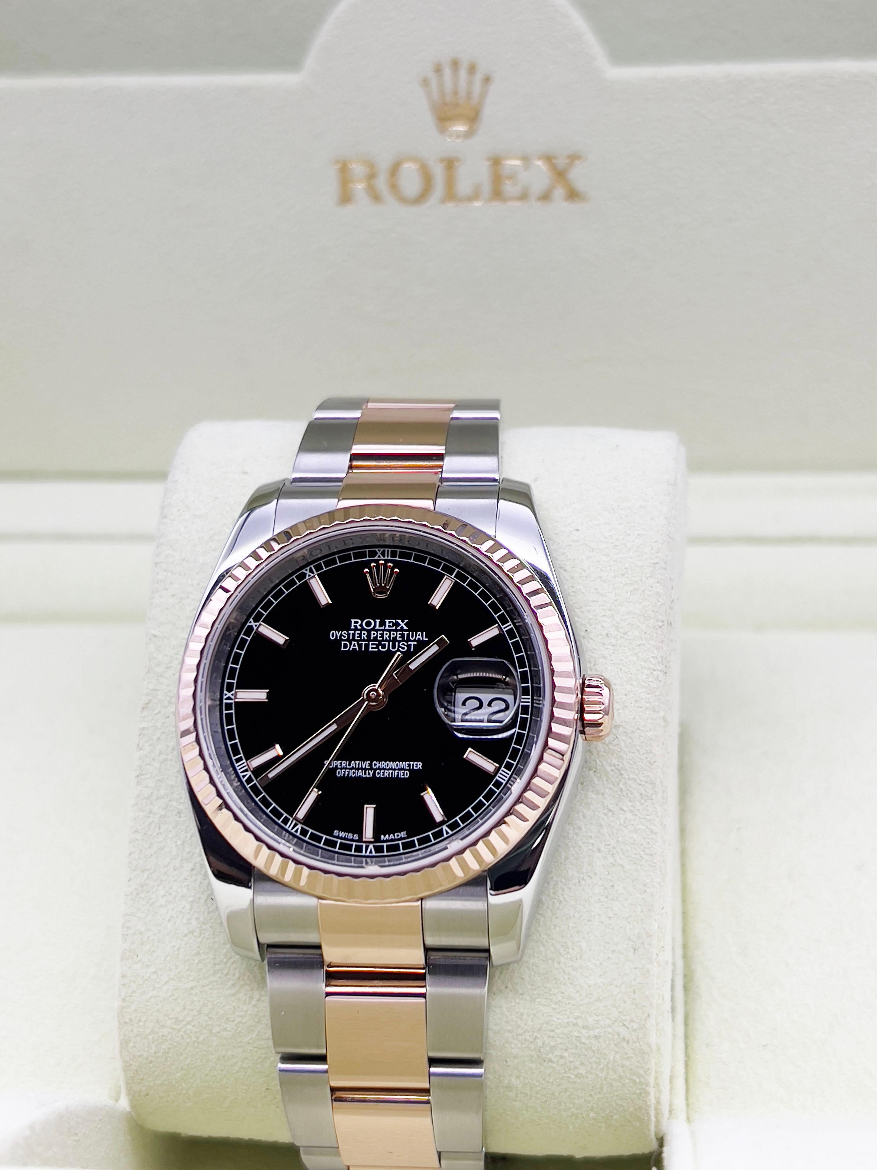 Style Number: 116231
Serial: 573Q2***
Year: 2010-Now
Model: Rolex Datejust 
Case Material: Stainless Steel 
Band: 18K Rose Gold & Stainless Steel 
Bezel: 18K Rose Gold Fluted Bezel 
Dial: Black Dial with Roulette Date Wheel 
Face: Sapphire Crystal