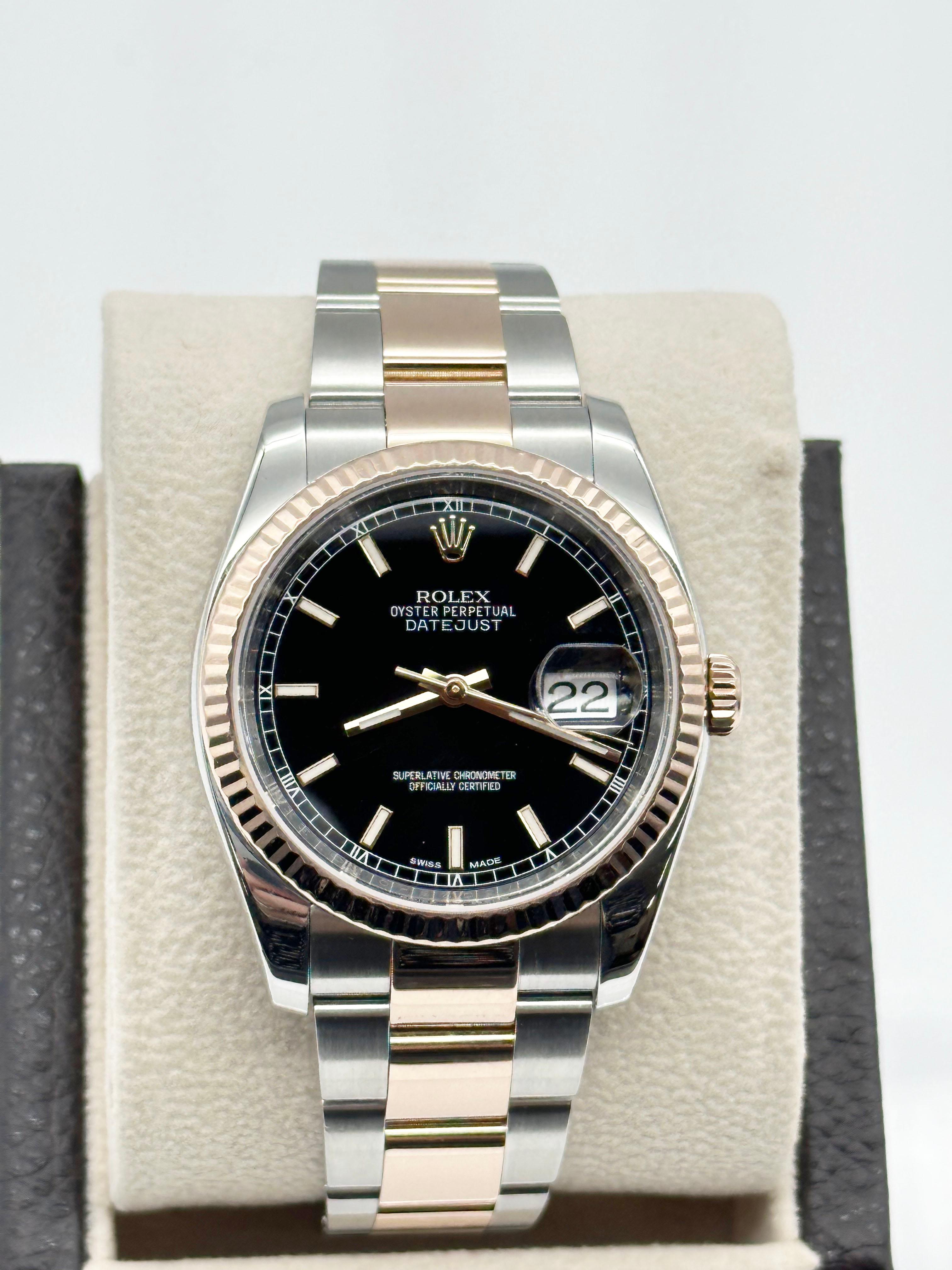 Rolex 116231 Datejust 36mm Black Dial 18K Rose Gold Stainless Steel In Excellent Condition In San Diego, CA