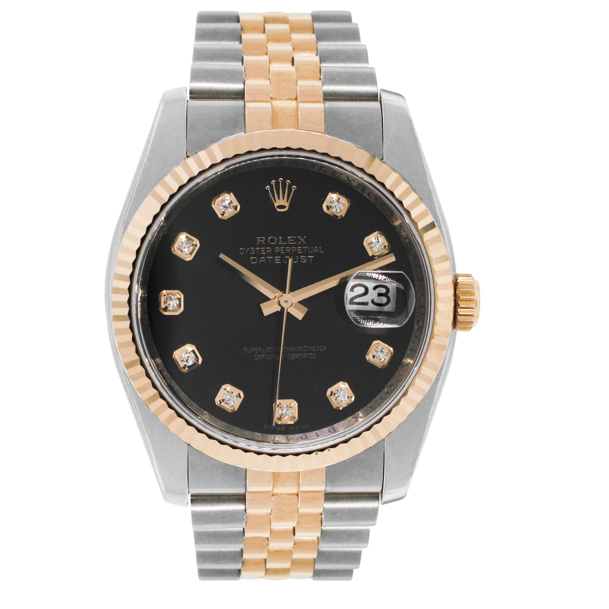 Brand: Rolex
MPN: 116231
Model: Datejust
Case Material: Stainless Steel and 18k rose gold
Case Diameter: 36mm
Crystal: Scratch resistant sapphire
Bezel: 18k rose gold fixed fluted bezel
Dial: Black dial with rose gold diamond hour markers. Date is
