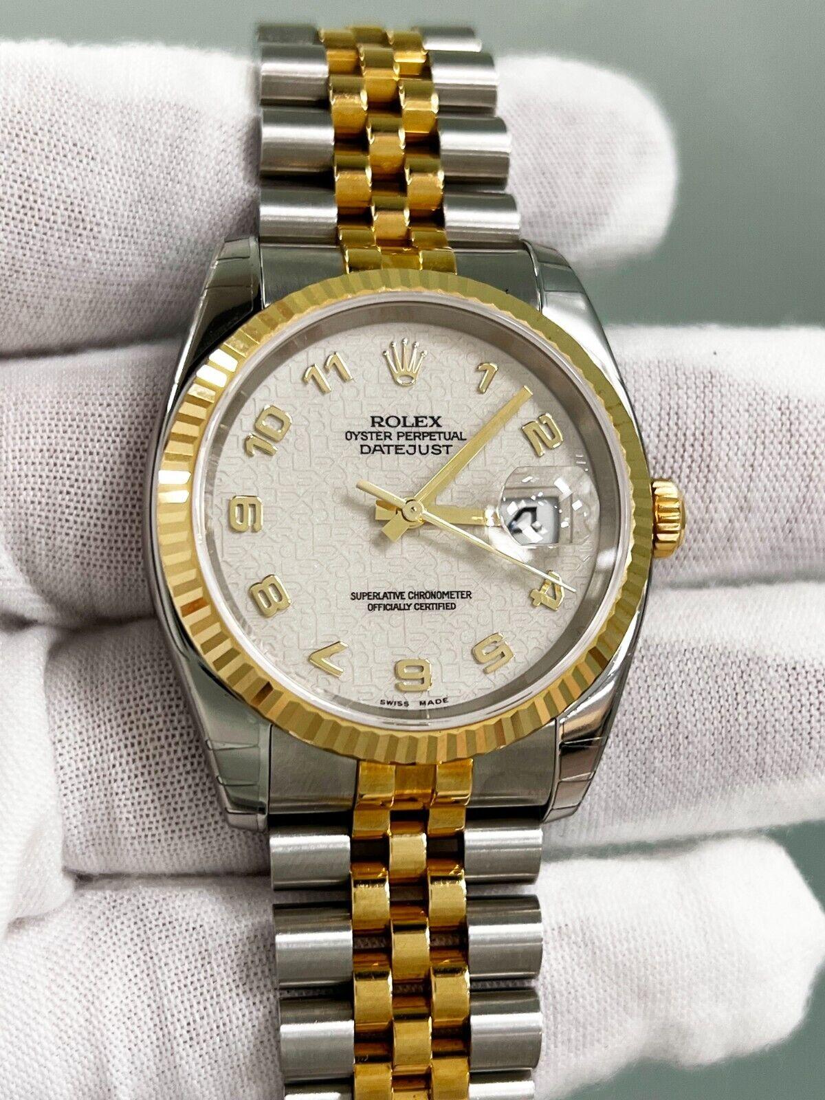 Style Number: 116233

Serial: F255***

Year: 2003
 
Model: Datejust 
 
Case Material: Stainless Steel 
 
Band: 18K Yellow Gold & Stainless Steel 
 
Bezel: 18K Yellow Gold 
 
Dial: Arabic Jubilee Dial 
 
Face: Sapphire Crystal 
 
Case Size: 36mm 
