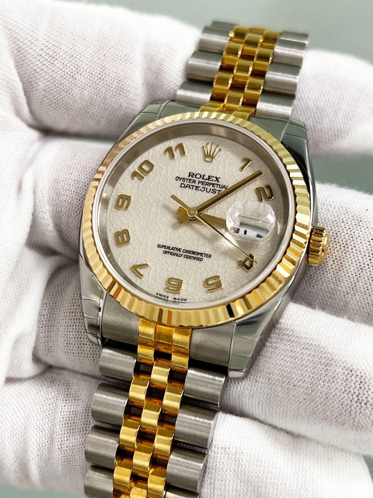 Rolex 116233 Datejust Arabic Jubilee Dial 18K Yellow Gold Steel Partial STICKERS In Excellent Condition For Sale In San Diego, CA