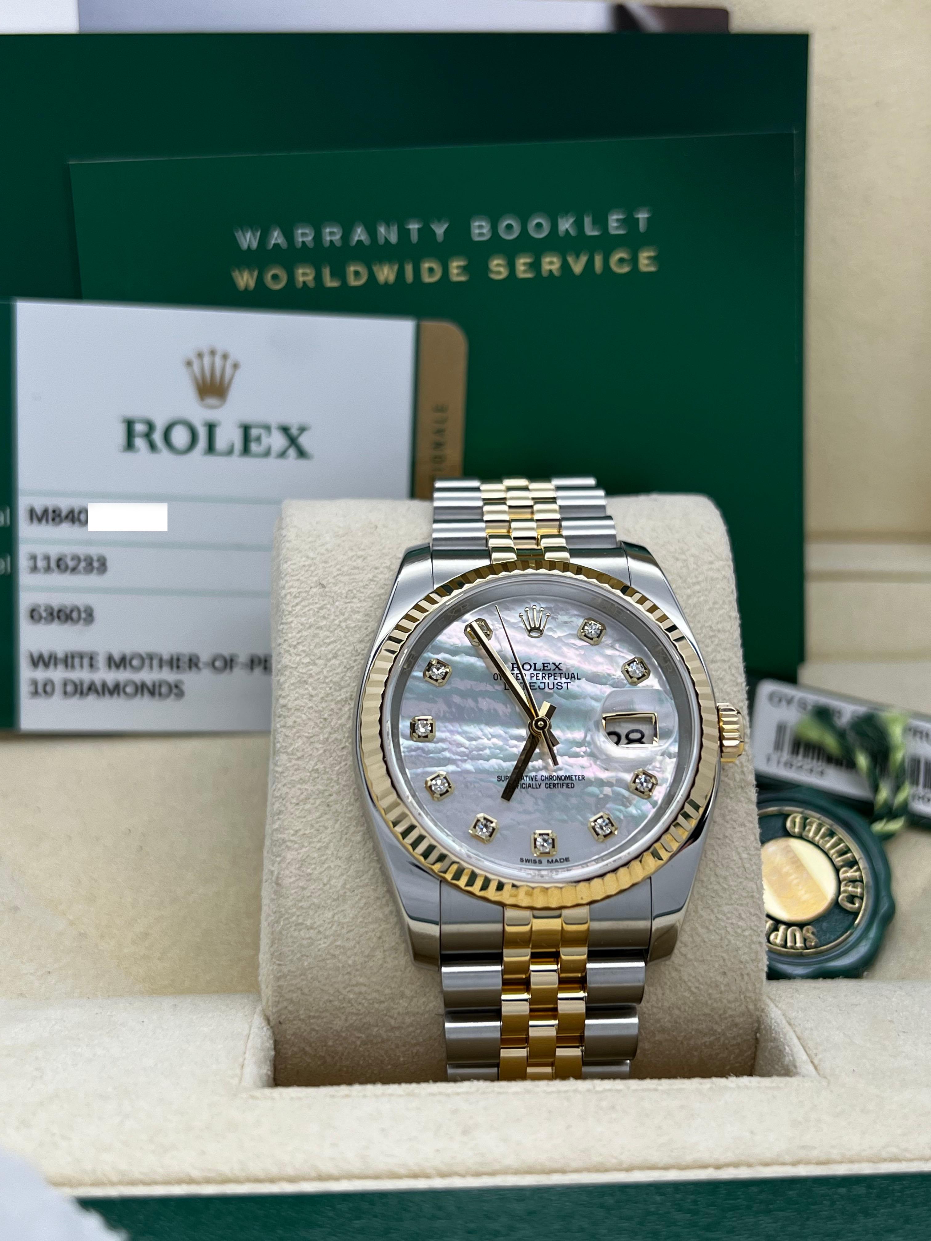 Style Number: 116233 
Serial: M840Z***
Year: 2017
Model: Rolex Datejust 
Case Material: Stainless Steel 
Band: Stainless Steel & 18K Yellow Gold 
Bezel: 18K Yellow Gold 
Dial: Factory Mother of Pearl Diamond Dial 
Face: Sapphire Crystal 
Case Size:
