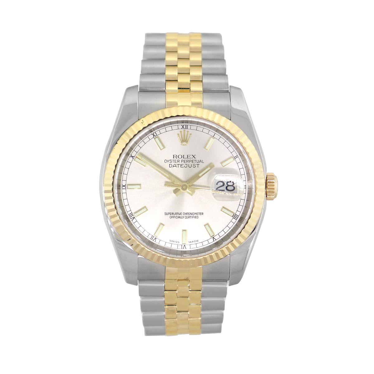 Brand: Rolex
MPN: 116233
Model: Datejust
Case Material: Stainless Steel
Case Diameter: 36mm
Crystal: Scratch resistant sapphire
Bezel: 18k Yellow Gold fluted bezel
Dial: Silver dial with yellow gold stick hours and hands. Date can be found at 3
