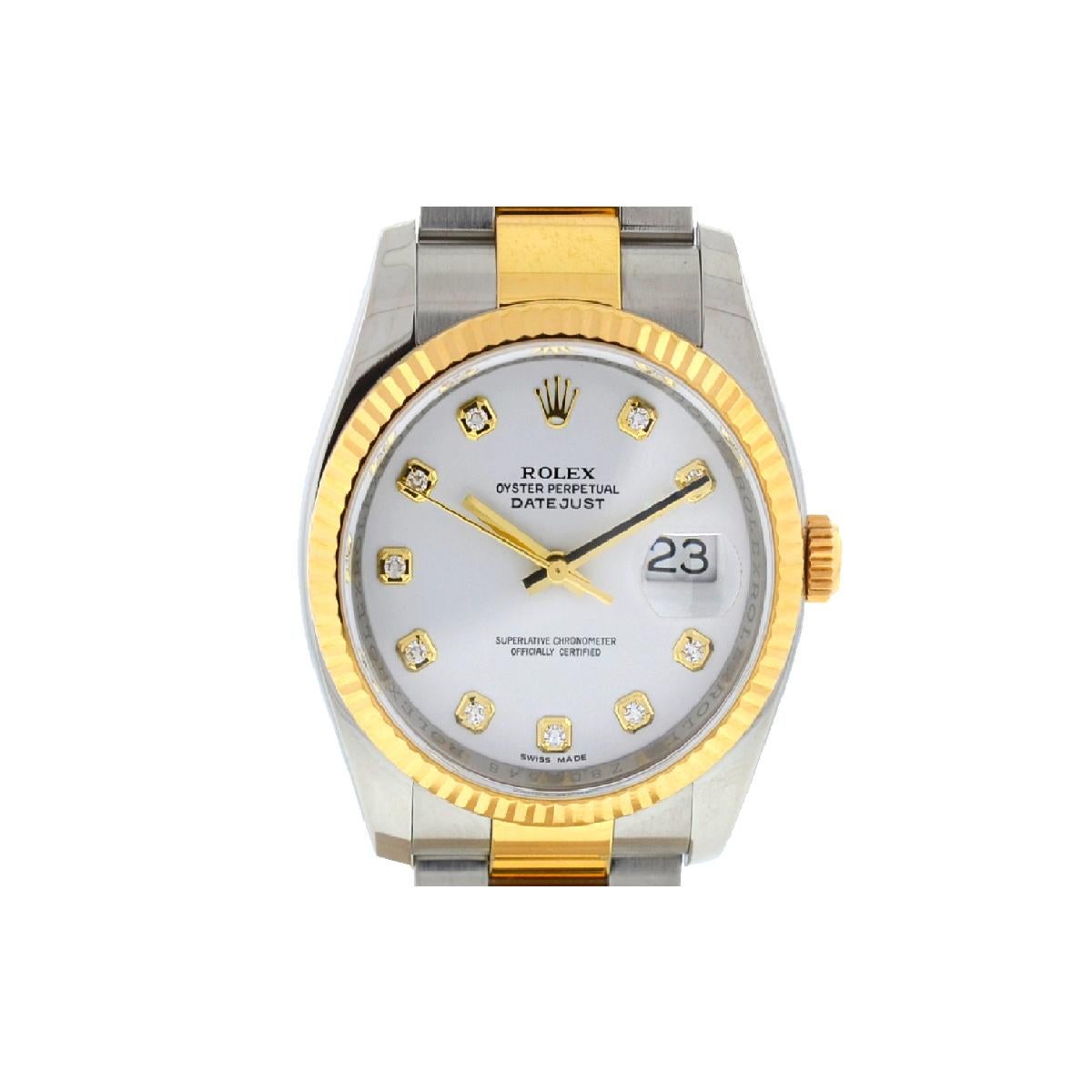 Company-Rolex
Style-Luxury Watch
Model-Datejust
Reference Number-116233
Case Metal-Stainless Steel
Case Measurement-36mm
Bracelet-Oyster Bracelet Two-tone - 18k Yellow Gold and Stainless Steel 
Dial-White Dial with Factory Original