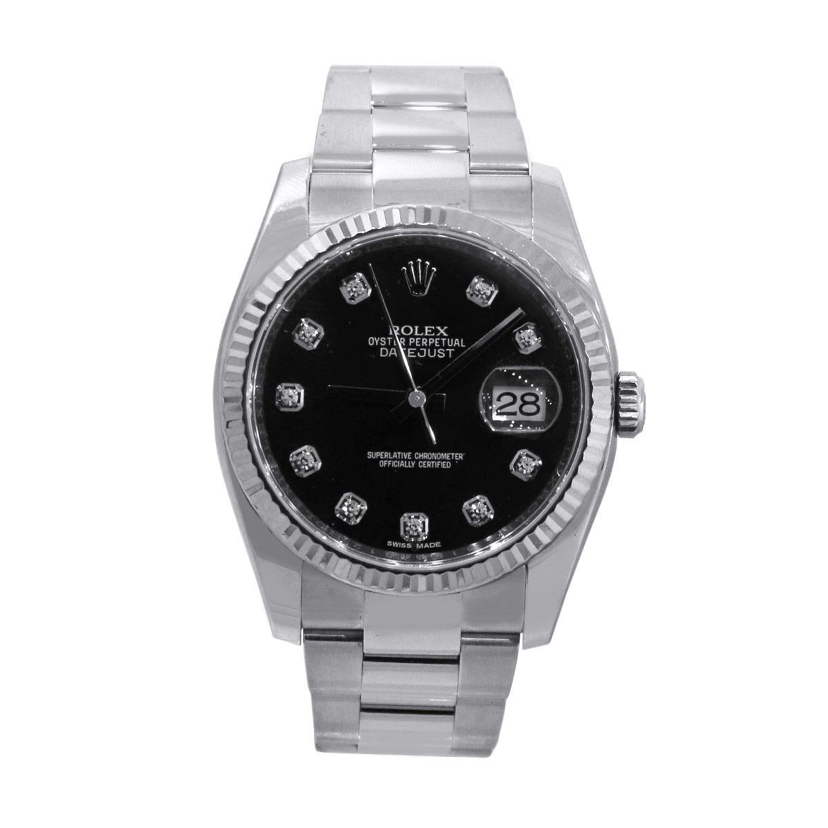 Brand: Rolex
MPN: 116234
Model: Datejust
Case Material: Stainless Steel
Case Diameter: 36mm
Crystal: Sapphire Crystal
Bezel: Stainless Steel fluted bezel
Dial: Black dial with Silver hands and diamond hour markers. Date can be found at 3