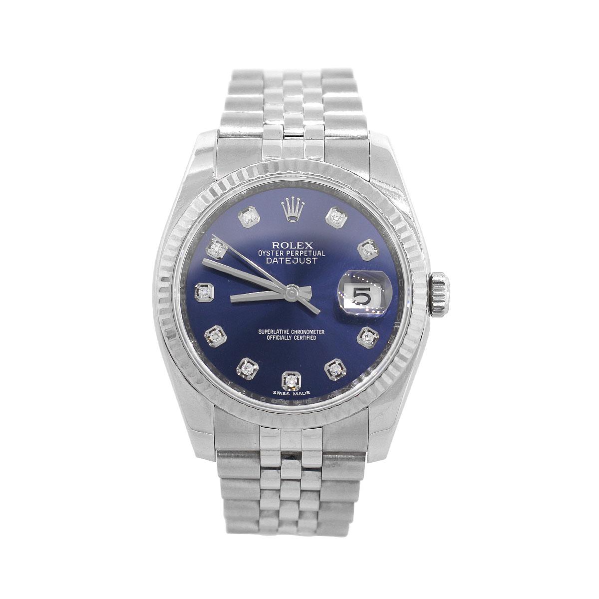 Brand: Rolex
MPN: 116234
Model: Datejust
Case Material: Stainless Steel
Case Diameter: 36mm
Crystal: Sapphire Crystal
Bezel: Stainless Steel fluted bezel
Dial: Blue dial with Silver hands and Diamond hour markers. Date can be found at 3