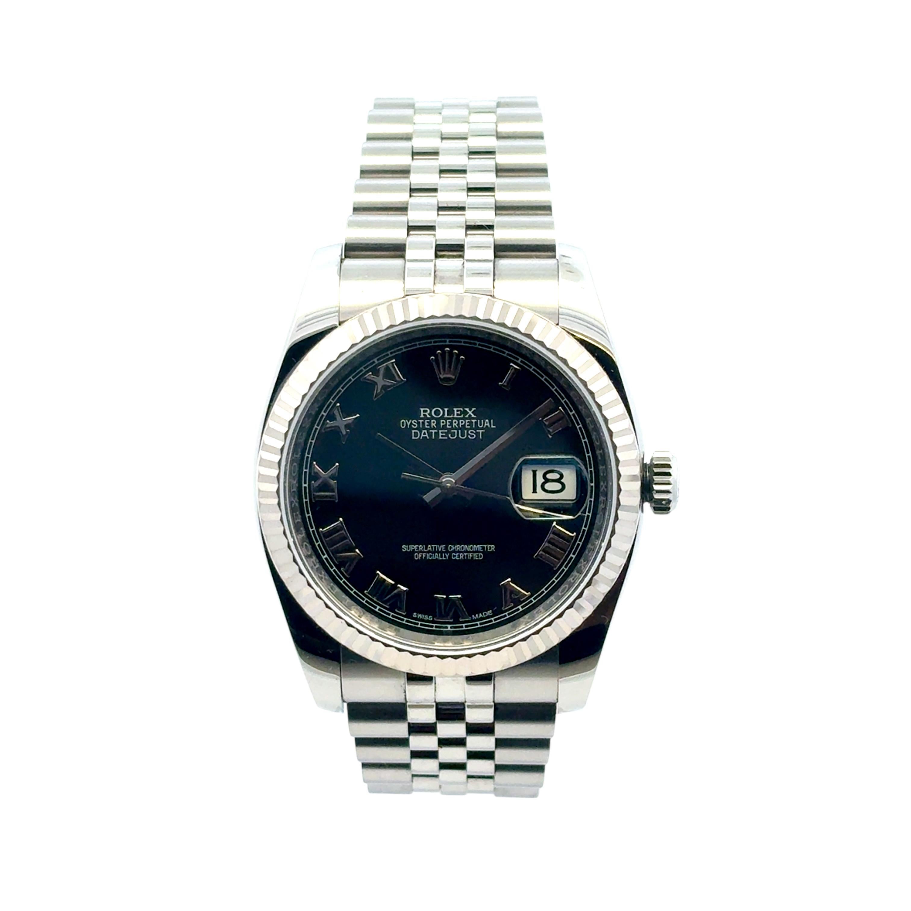 Rolex 116234 Datejust Stainless Steel and 18k White Gold Bezel 36mm Watch In Excellent Condition For Sale In Boca Raton, FL
