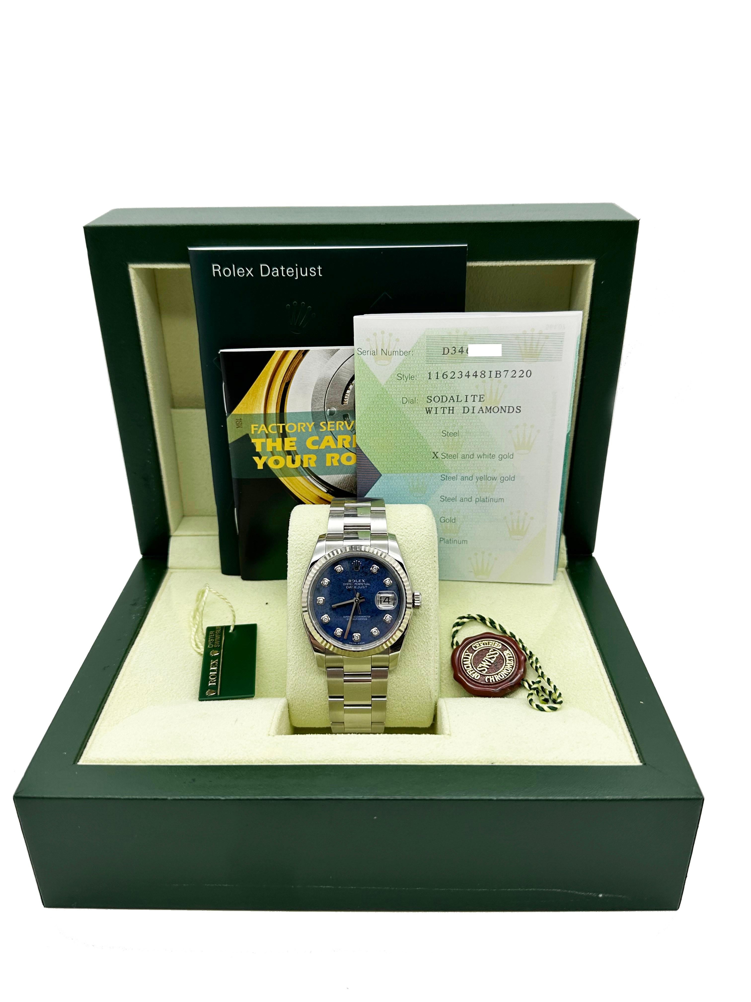 Style Number: 116234



Serial: D346***



Year: 2006

 

Model: Datejust 

 

Case Material: Stainless Steel 

 

Band: Stainless Steel 

 

Bezel: 18K White Gold 

 

Dial: Original Factory Sodalite Diamond Dial. Very Rare

 

Face: Sapphire