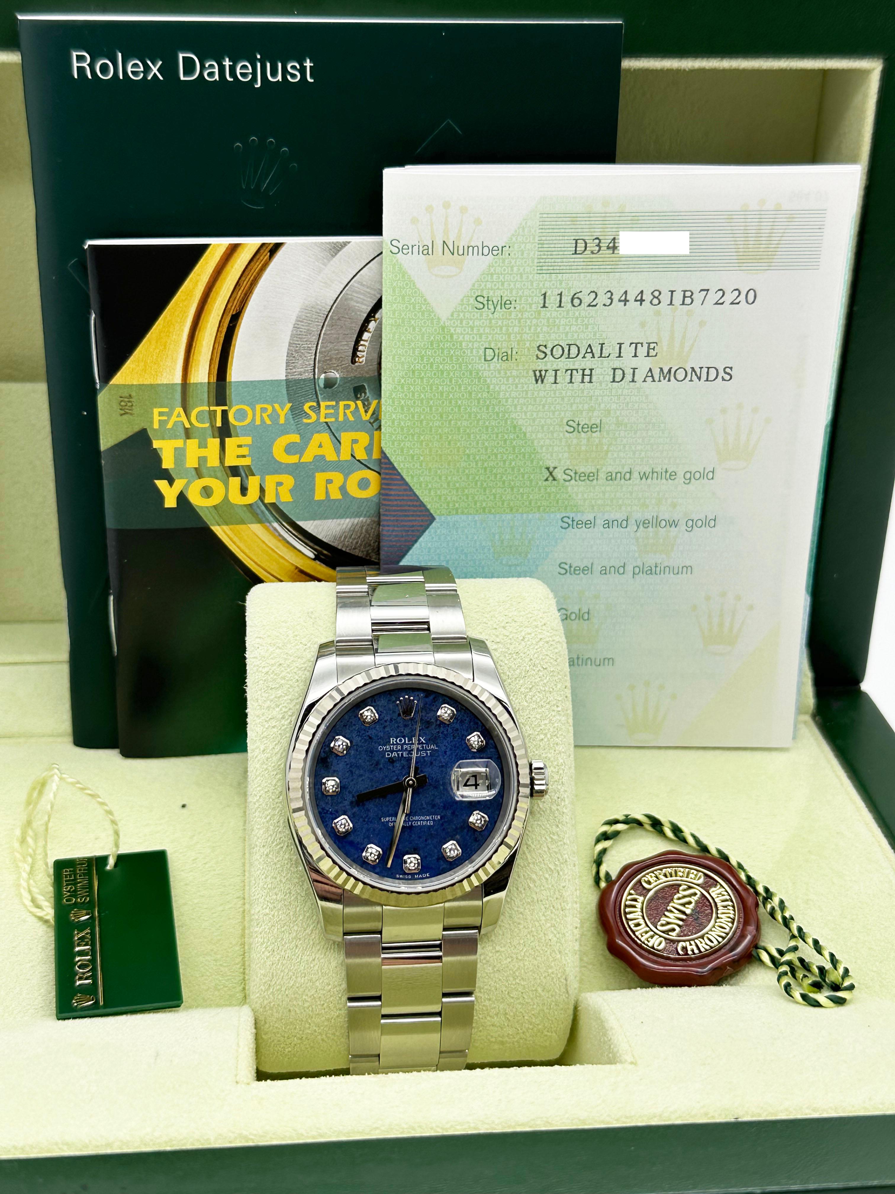 Rolex 116234 FACTORY Sodalite Diamond Dial Stainless 18K Gold Box Paper 2006 In Excellent Condition For Sale In San Diego, CA